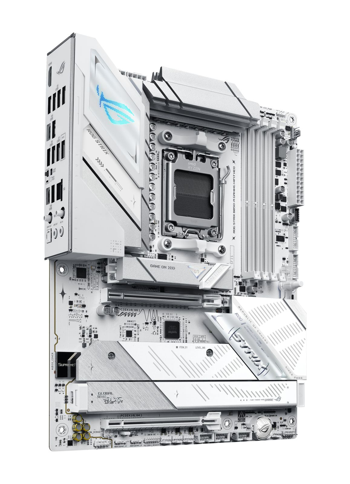 Biała płyta główna ROG Strix z gniazdem CPU AMD Ryzen, slotami RAM i złączami.