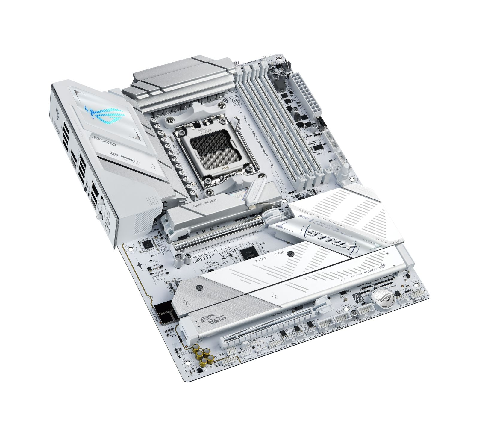 Biała płyta główna ASUS ROG STRIX AM5 z srebrnymi radiatorami i niebieskimi akcentami.