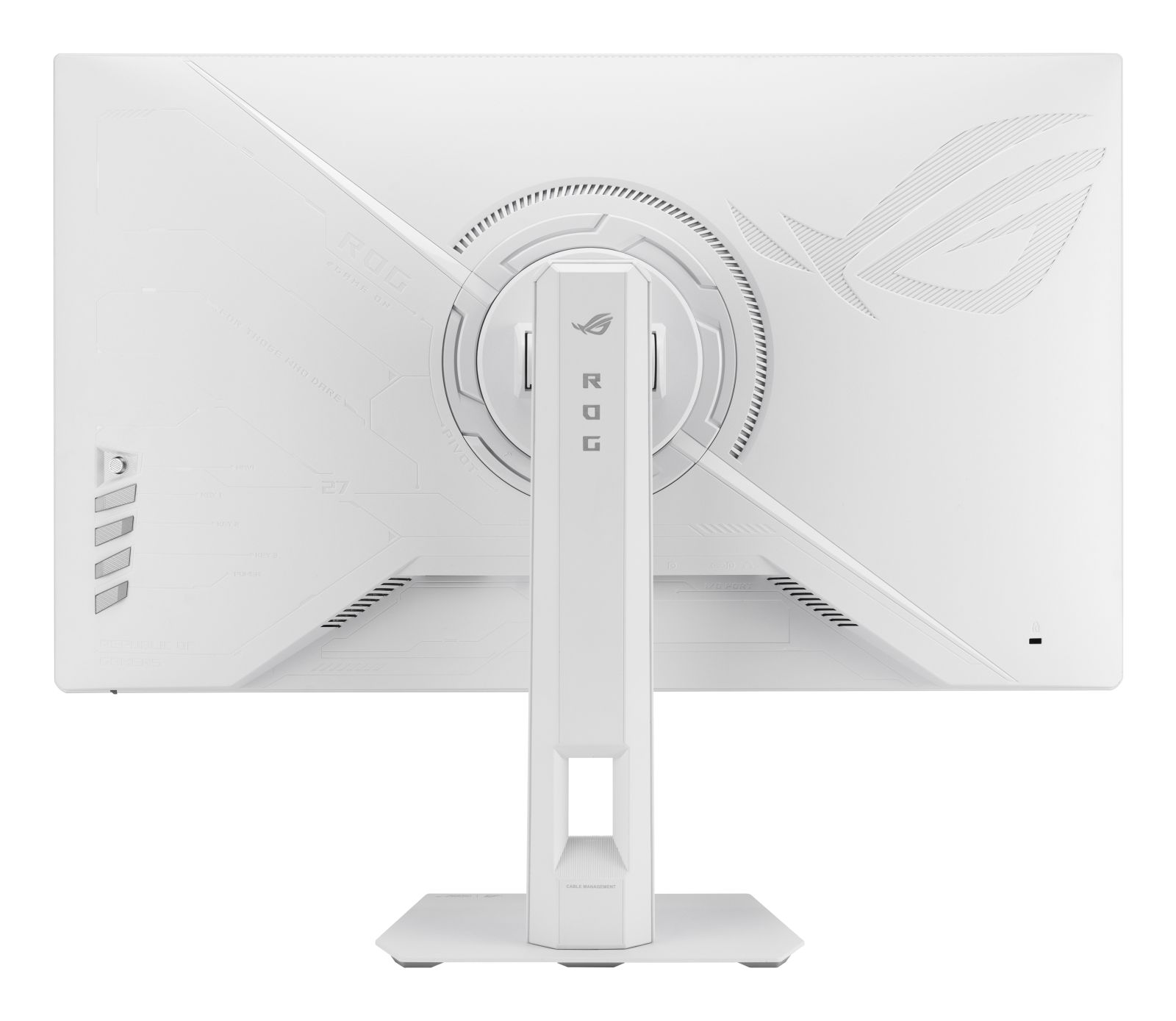 Biały monitor gamingowy z logo ROG i podstawką. Widoczny obszar zarządzania kablami.
