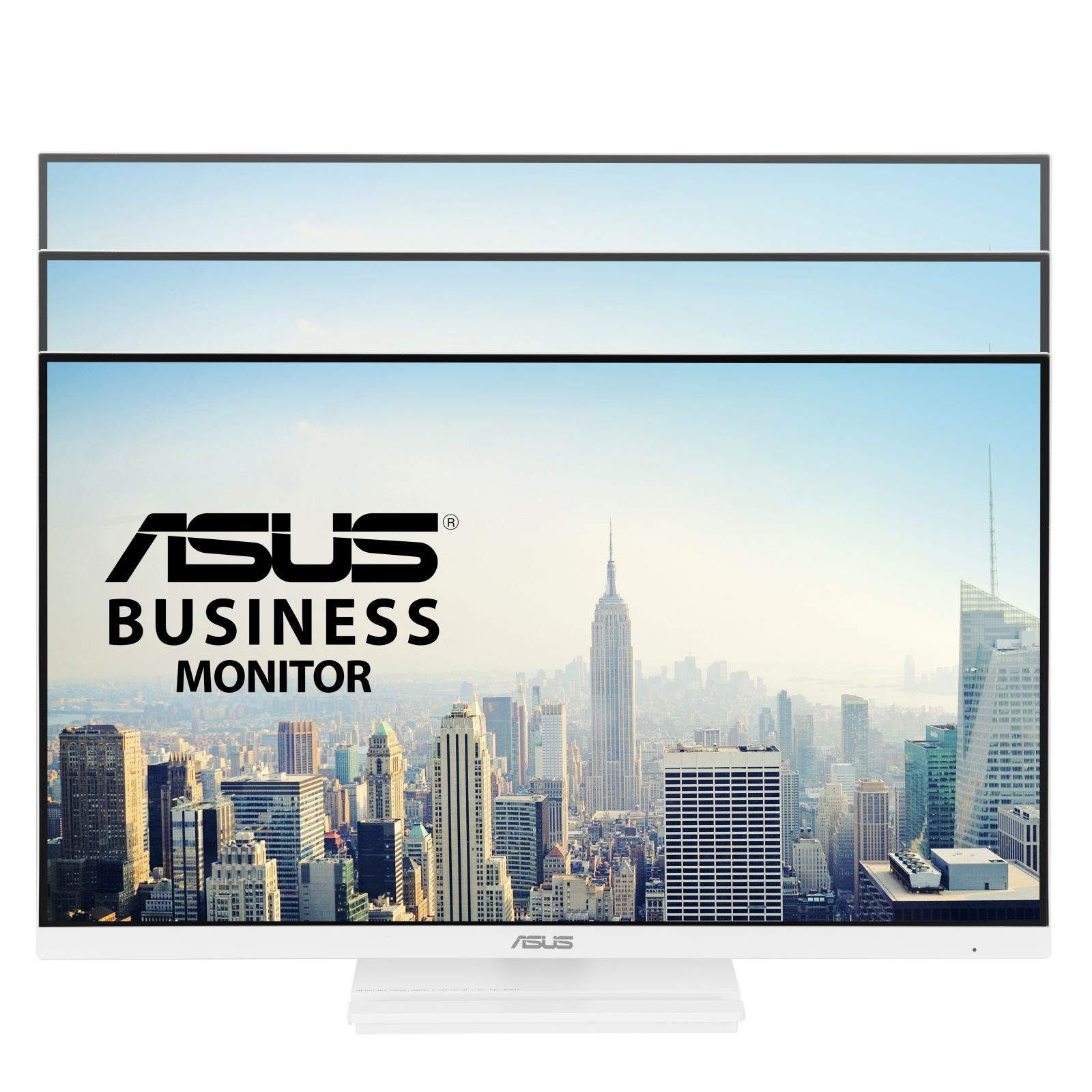 Biały monitor Asus Business wyświetla panoramę miasta w tle.