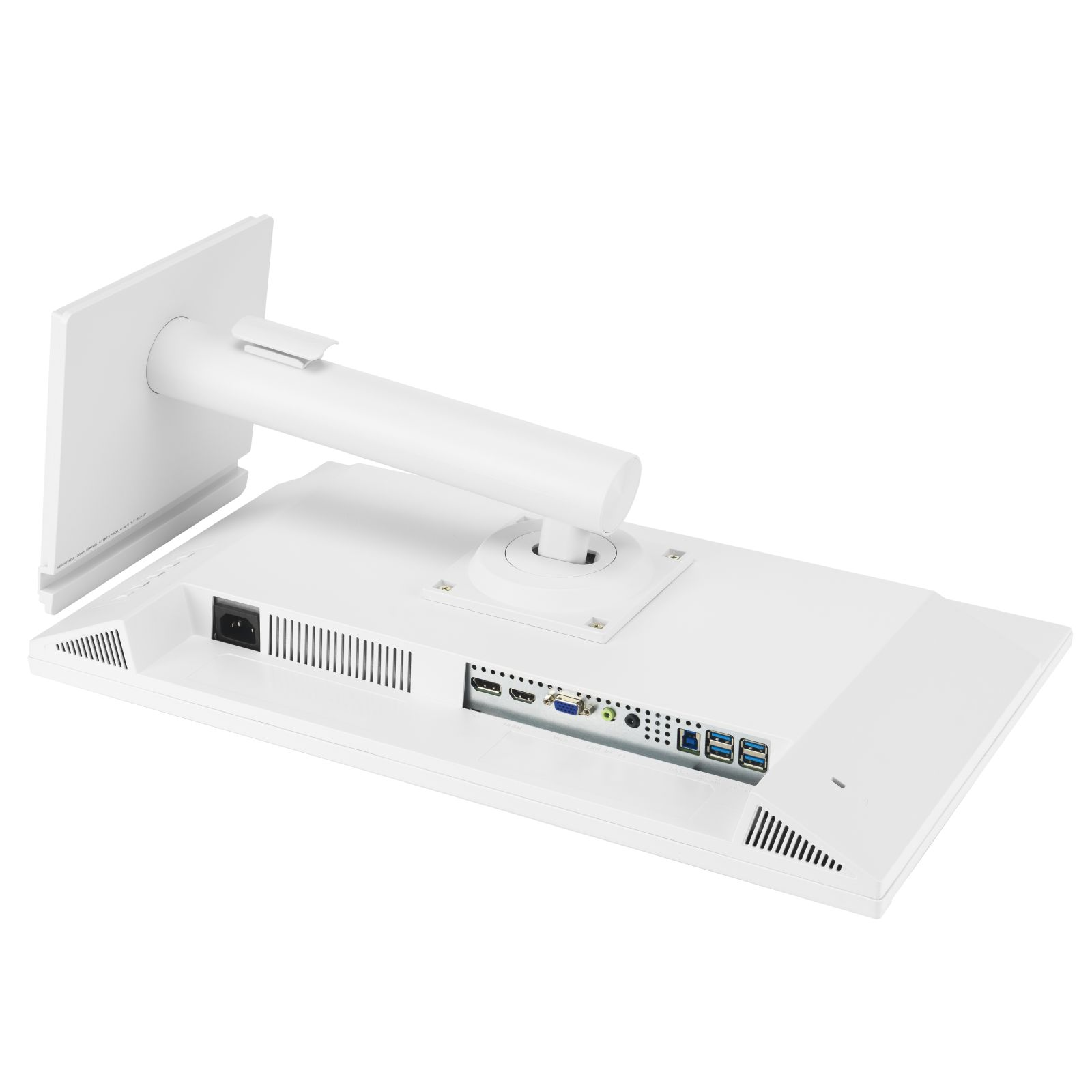 Tył białego monitora z portami i podstawką. Zawiera HDMI, VGA, USB.