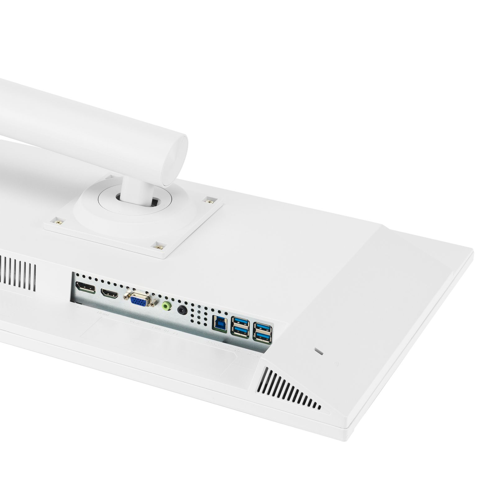 Biały stojak monitora z portami: HDMI, VGA, Line In, USB. Na białym tle.