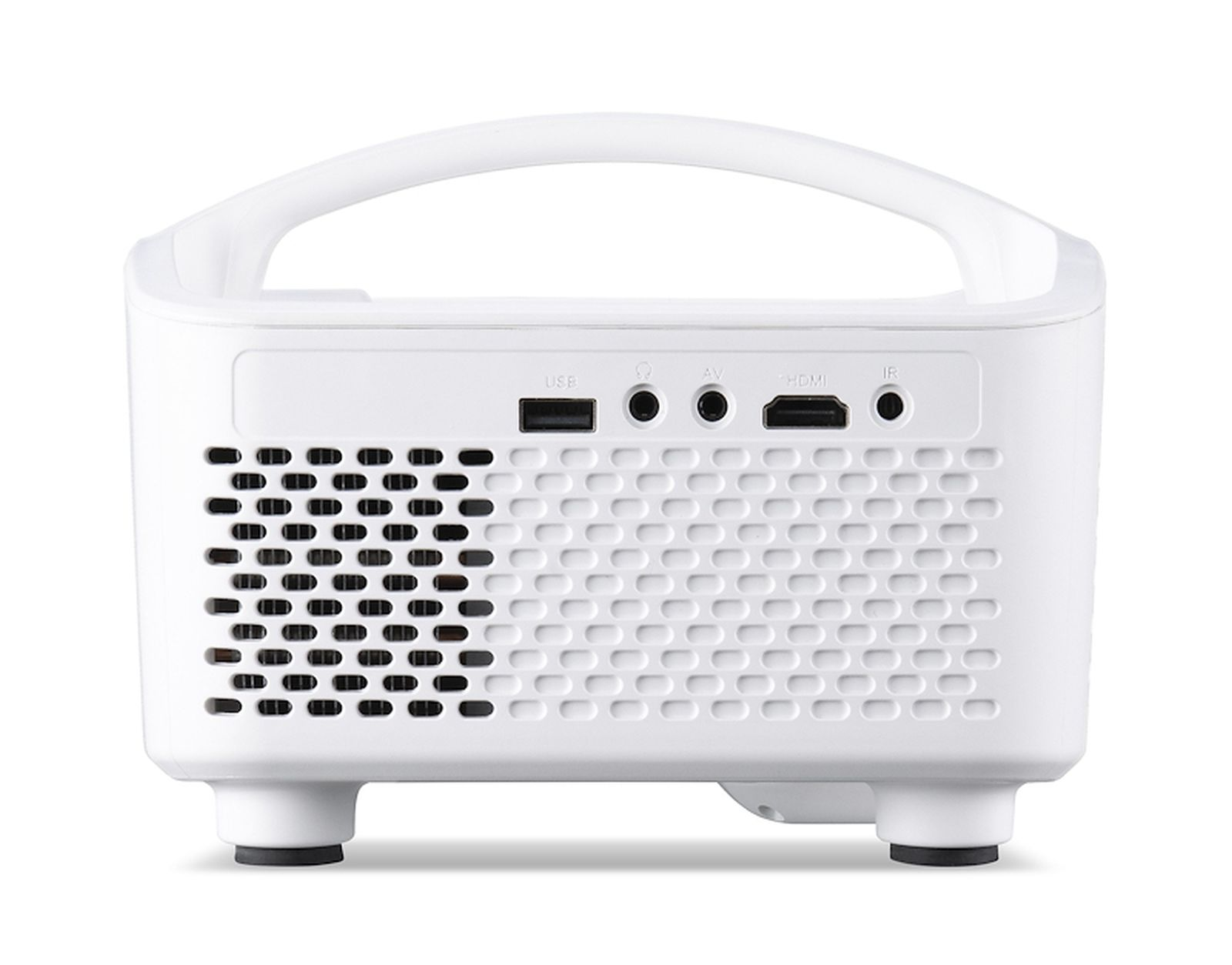 Projecteur blanc avec poignée, aérations et ports: USB, AV, HDMI, IR.