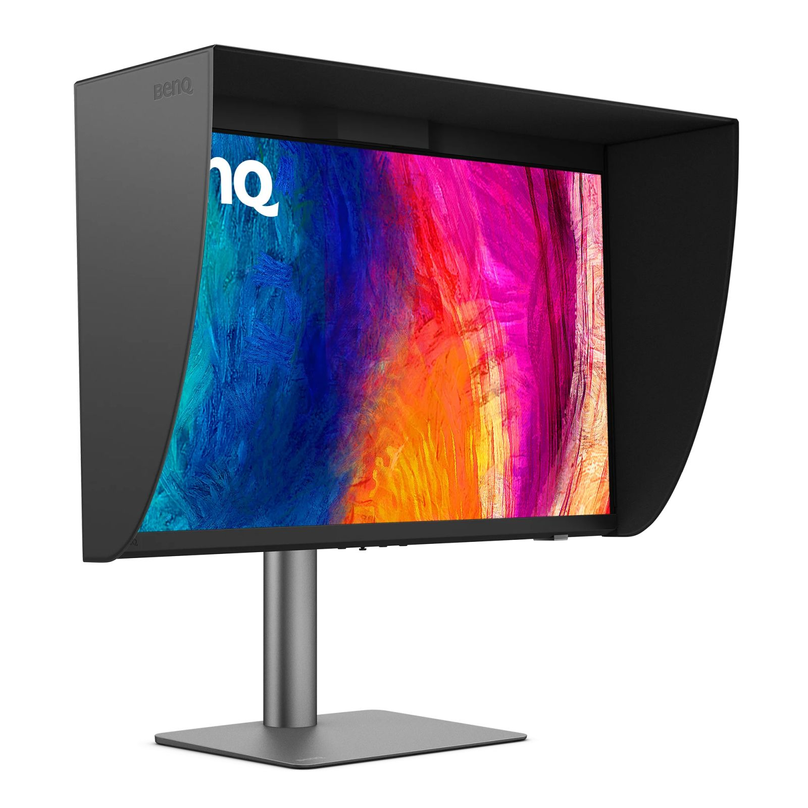 Monitor BenQ z kolorowym ekranem gradientowym i osłoną przeciwsłoneczną.