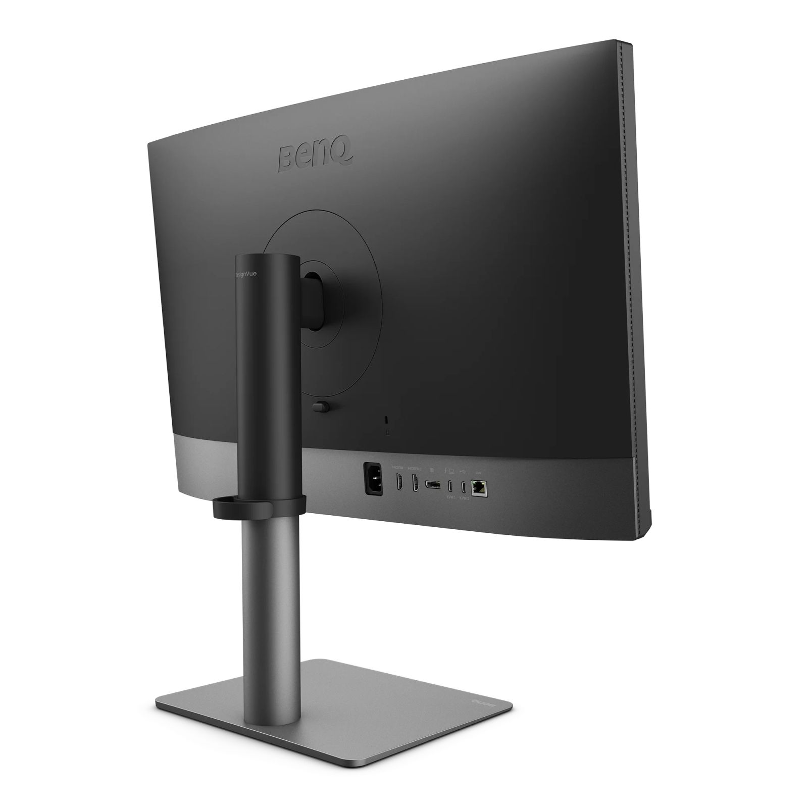 Rear view of a black BenQ monitor with a silver stand and ports.