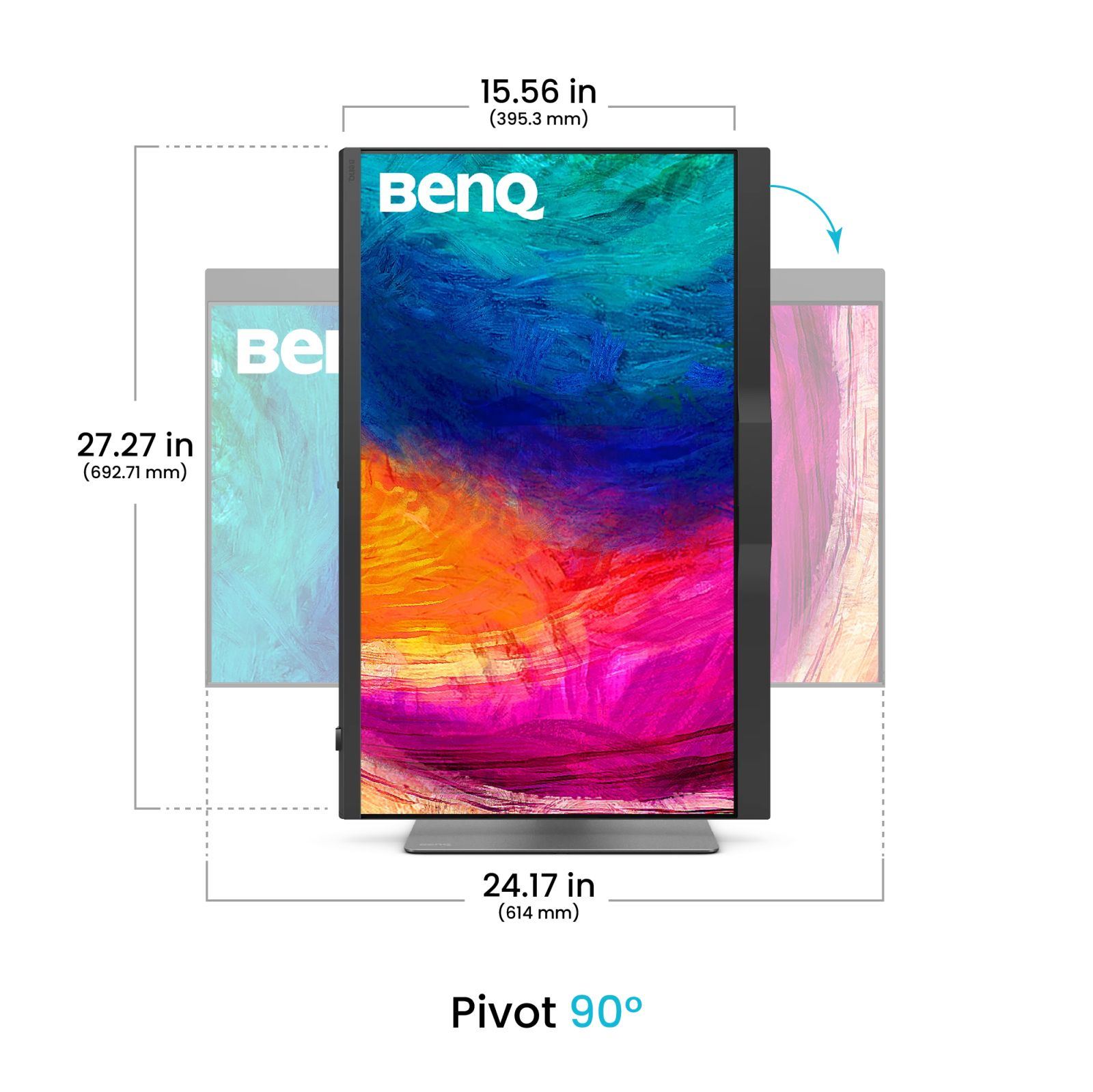 A vertical BenQ monitor displaying a colorful image, with dimensions shown.