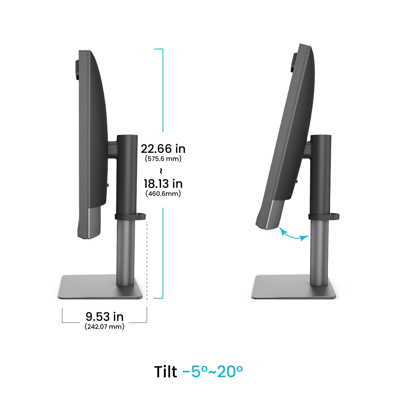 Monitor with stand, showing dimensions and tilt range.