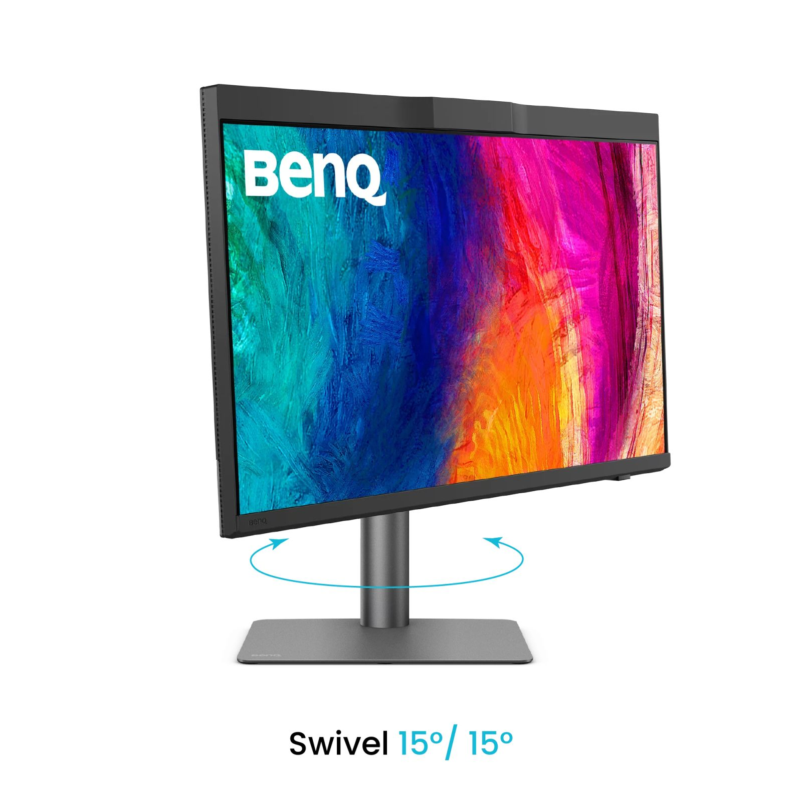 A modern BenQ monitor displaying a colorful abstract background with a swivel indicator.