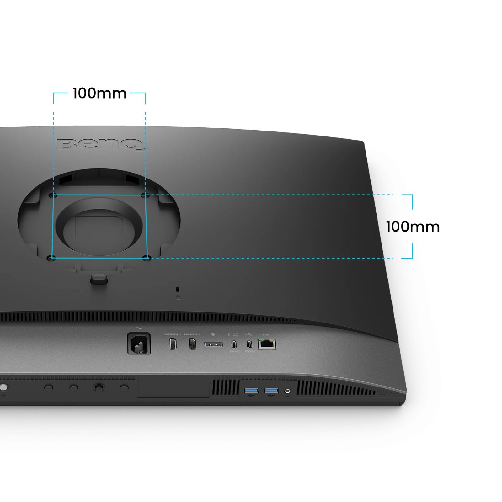 Back of a monitor showing ports and 100mm VESA mount markings.