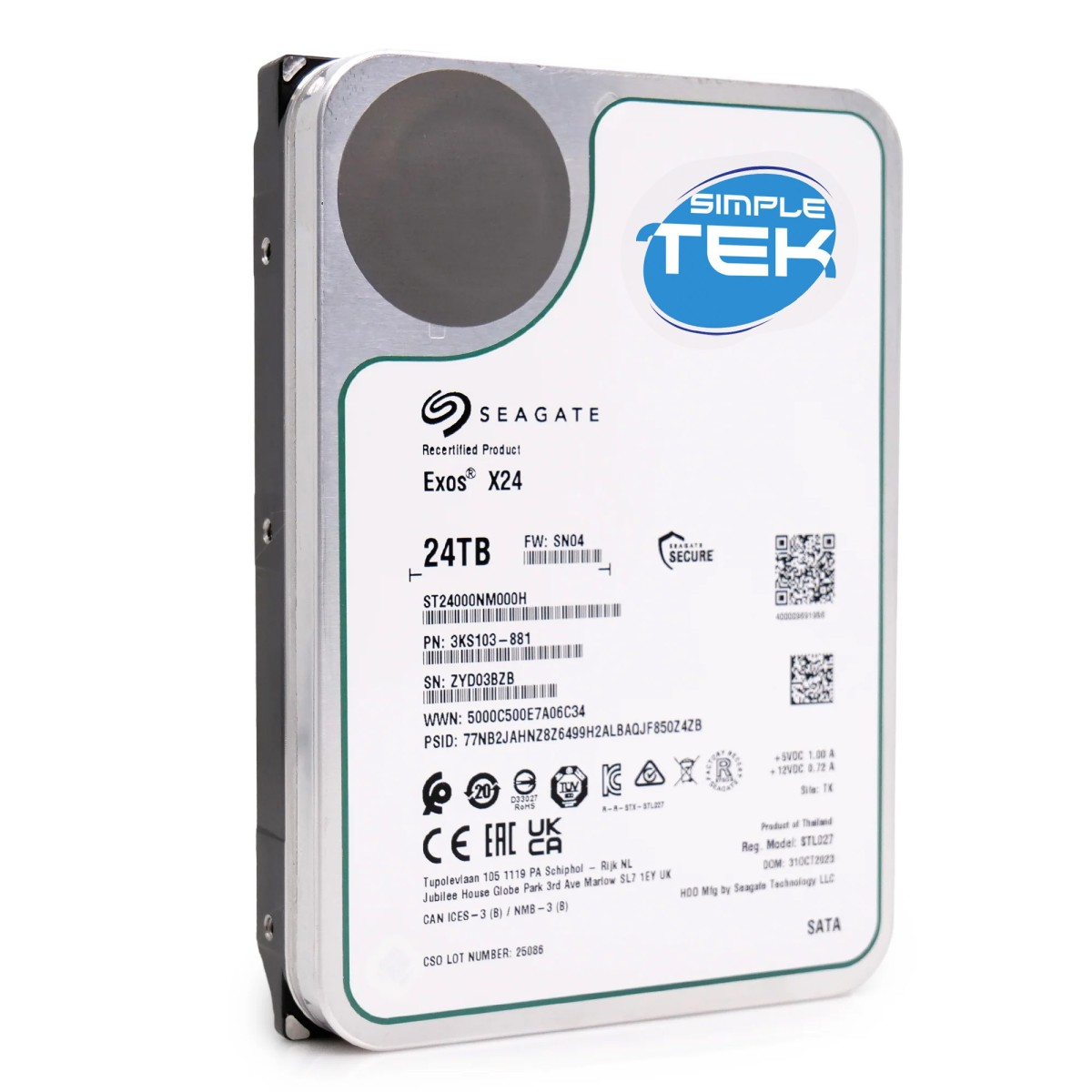 Silver 24TB Seagate Exos X24 hard drive with product details.
