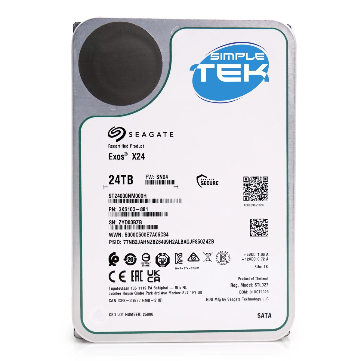 Seagate Exos X24 24TB hard drive with Simple Tek and Seagate Secure branding.