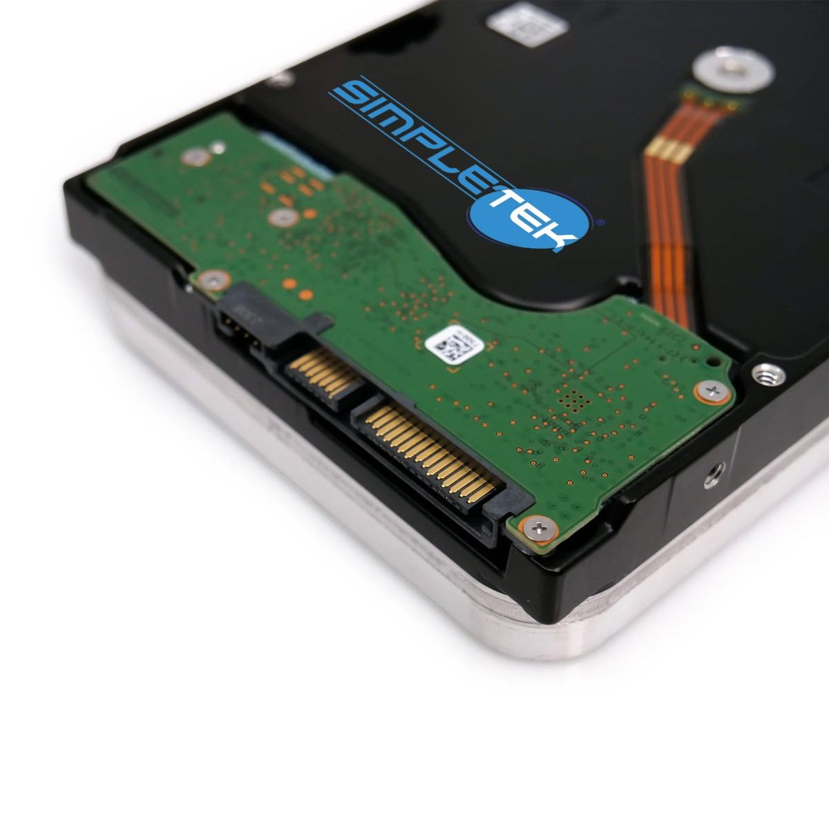 Close-up of a hard drive with SIMPLETEK logo and SATA connectors on white background.