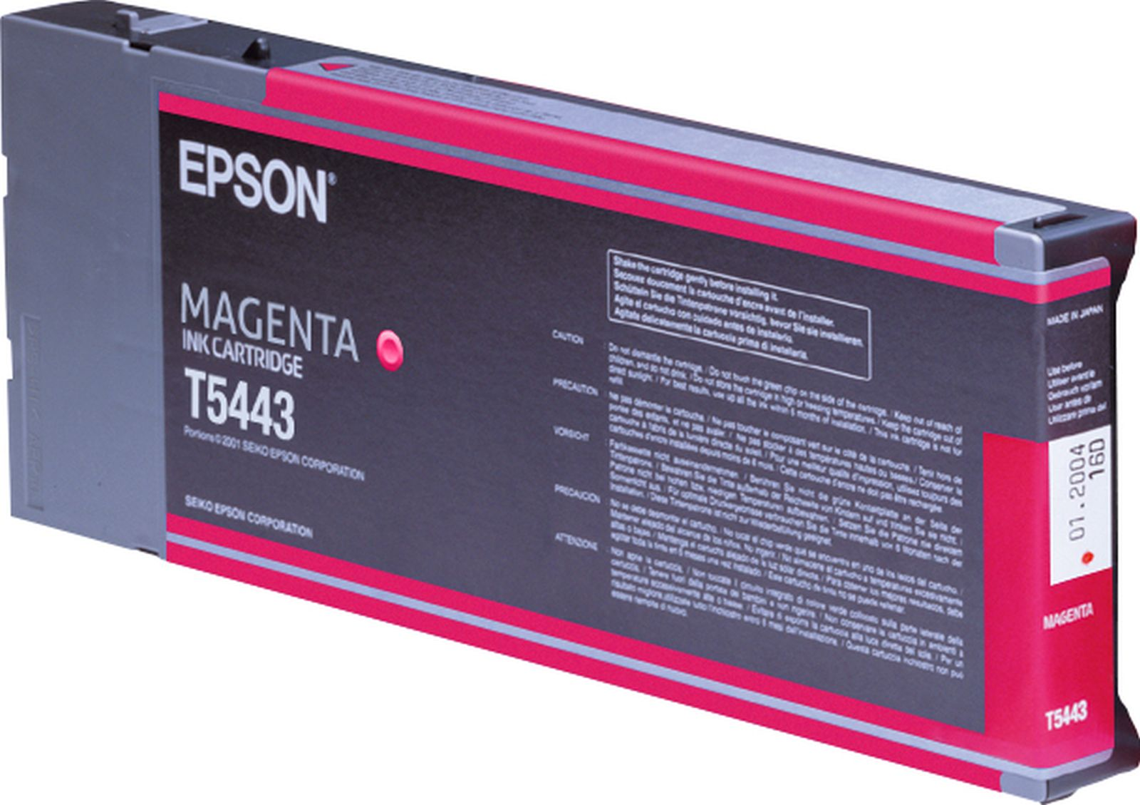 Cartuccia d'inchiostro Epson Magenta T5443, Made in Japan, con data di produzione 01.2004.