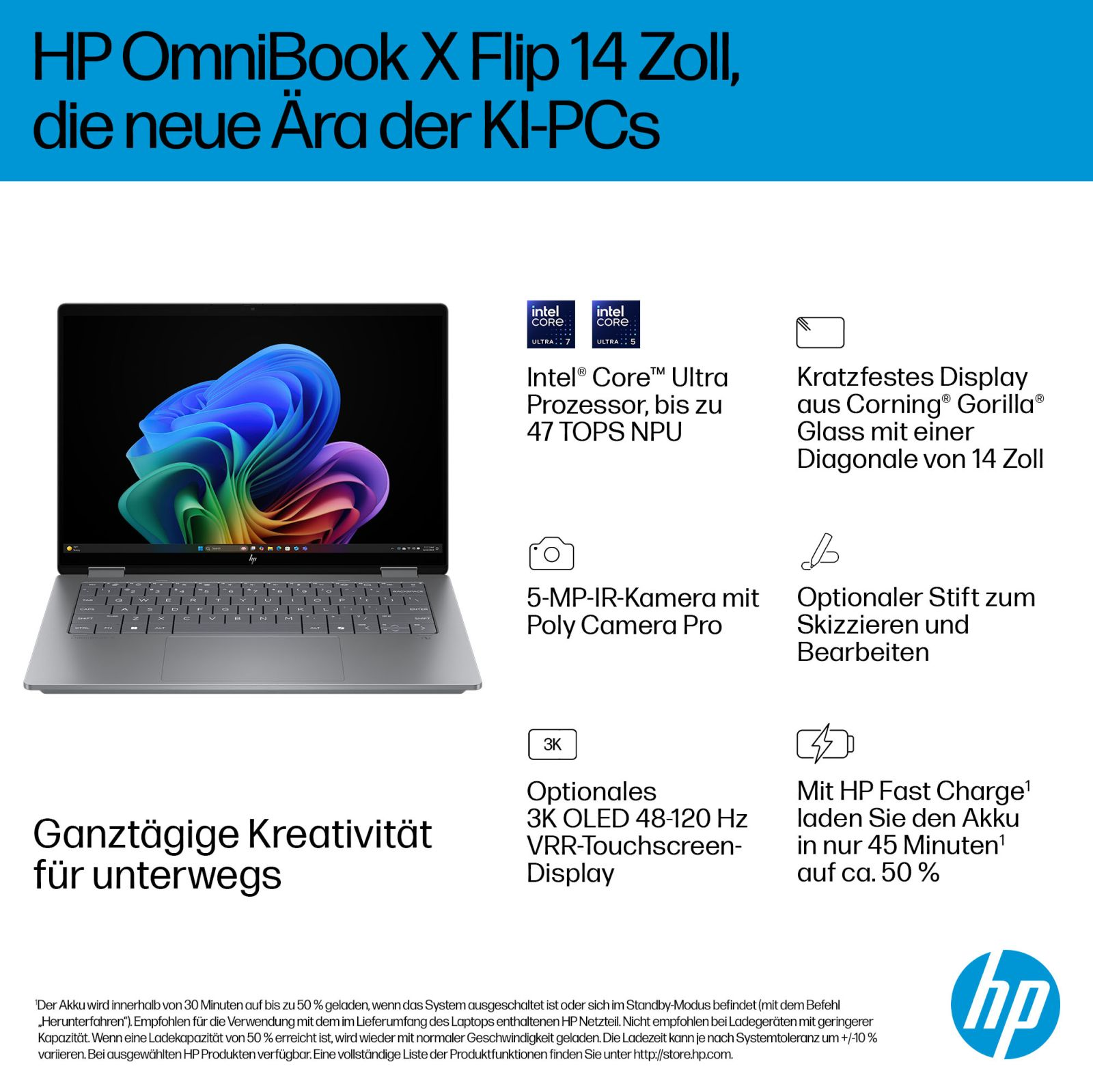 Laptop HP OmniBook X Flip z kolorowym tłem i procesorem Intel Core Ultra.