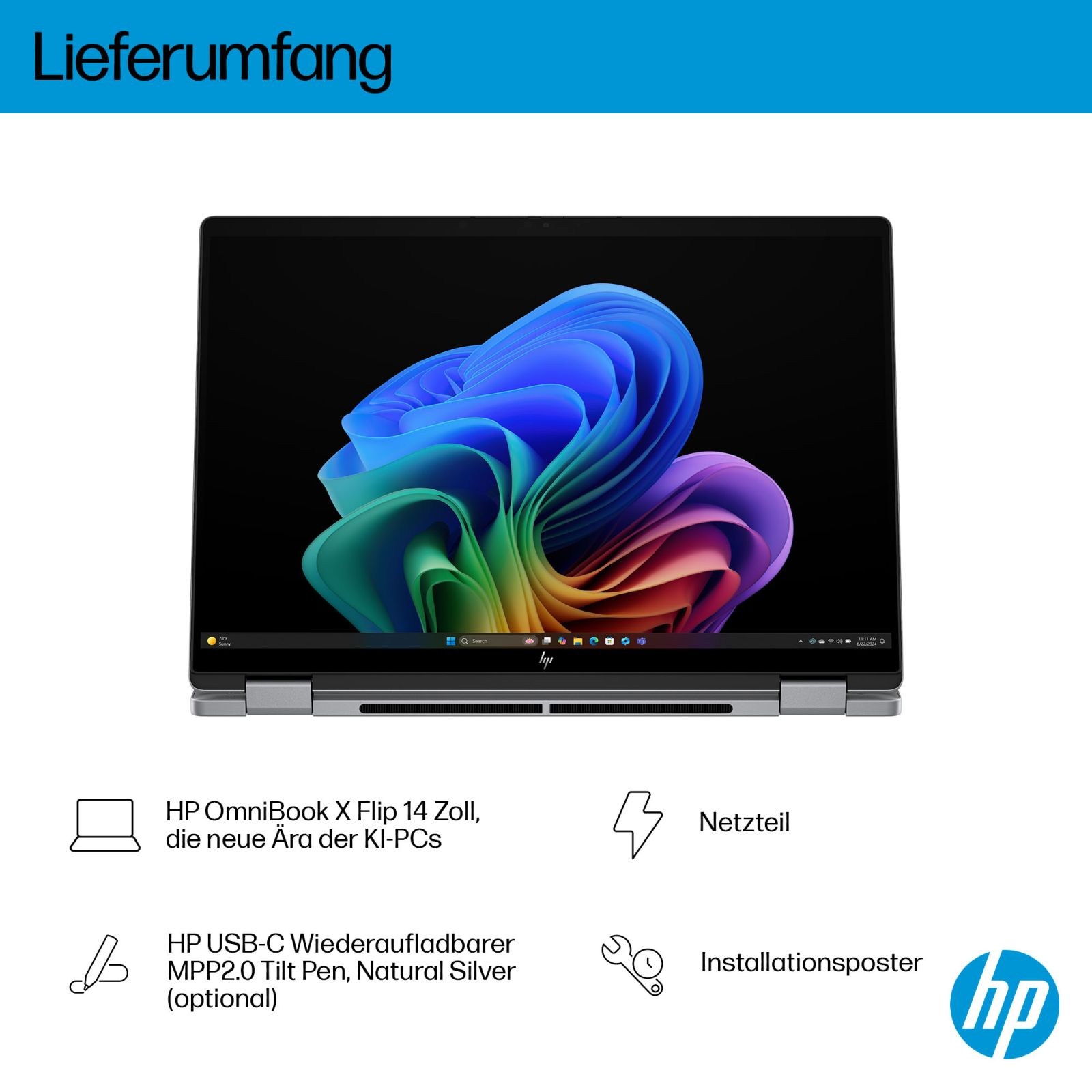 Laptop HP OmniBook X Flip, zasilacz, rysik i plakat instalacyjny.