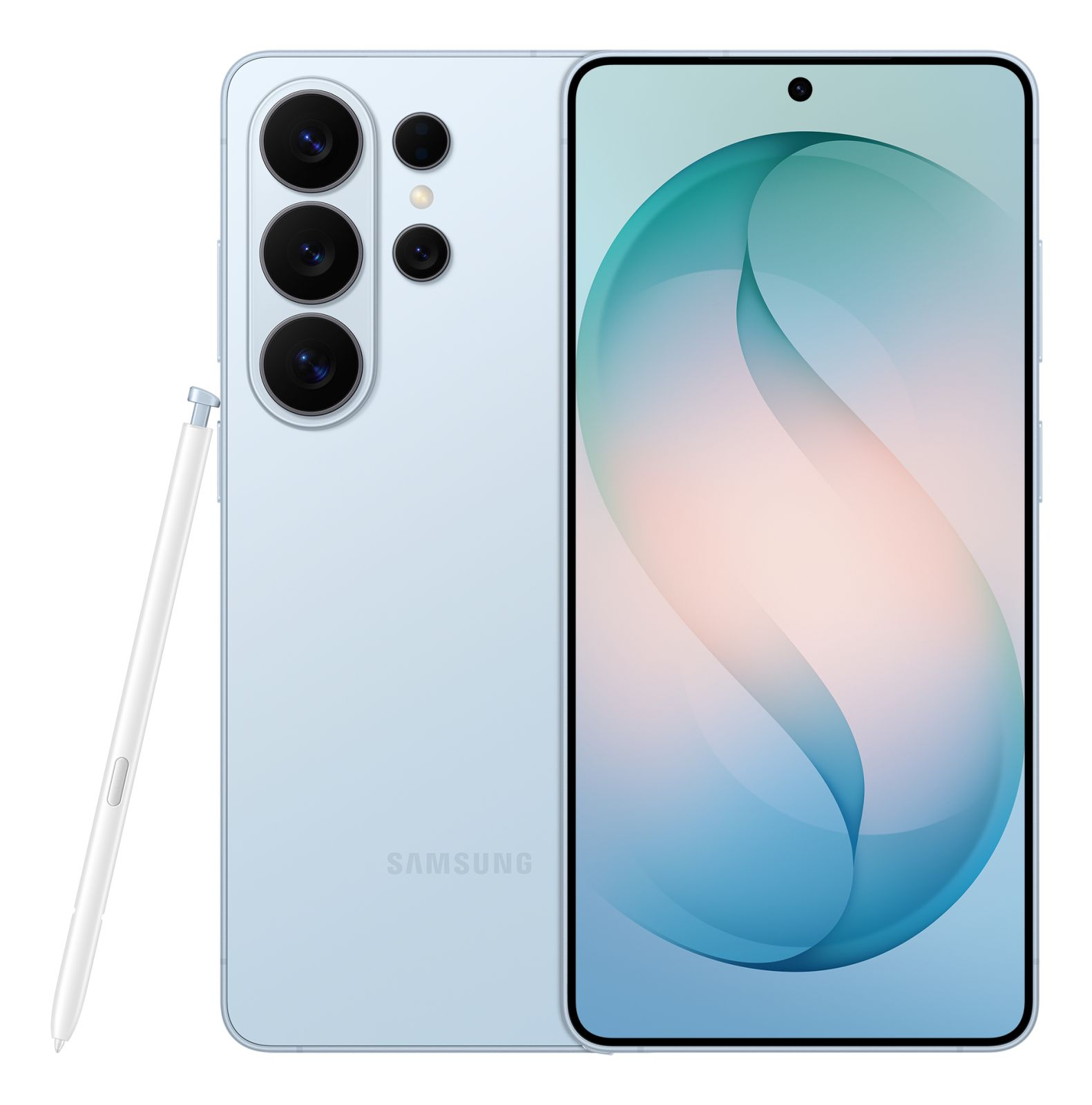 Jasnoniebieski smartfon z trzema aparatami i rysikiem obok.