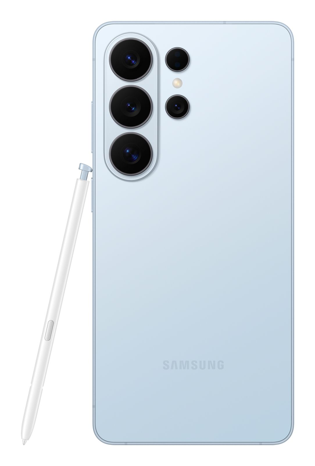 Jasnoniebieski smartfon Samsung ze stylusem i czterema tylnymi obiektywami.