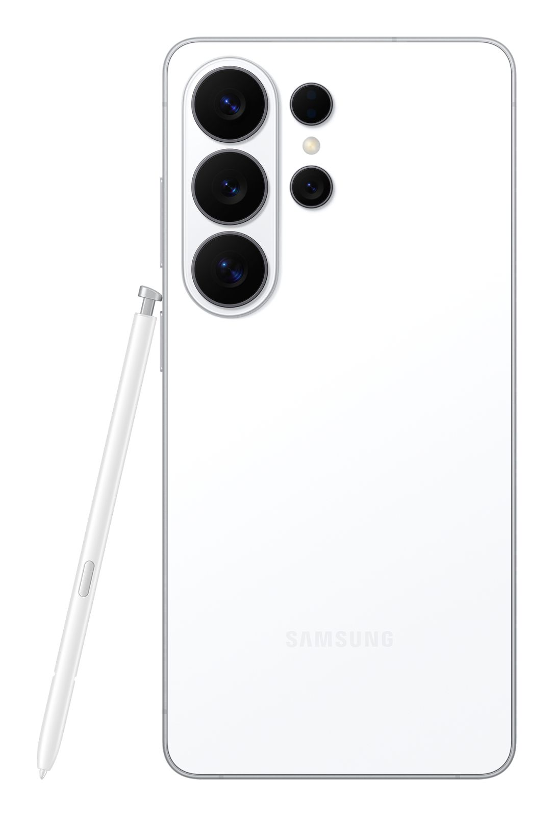 Biały smartfon z czterema aparatami i rysikiem obok.