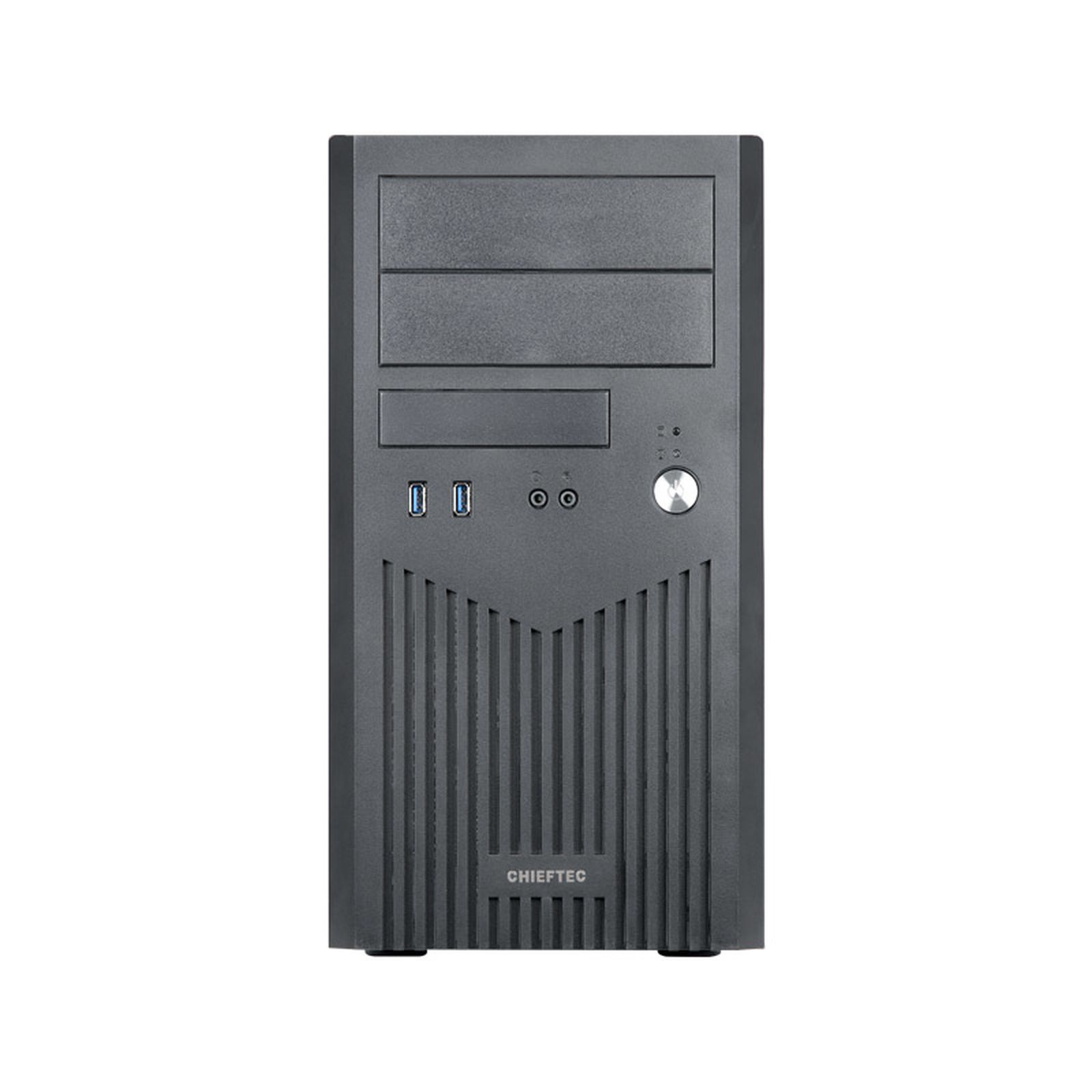 Una torre del computer grigio scuro con due alloggiamenti per unità, porte USB e jack audio.