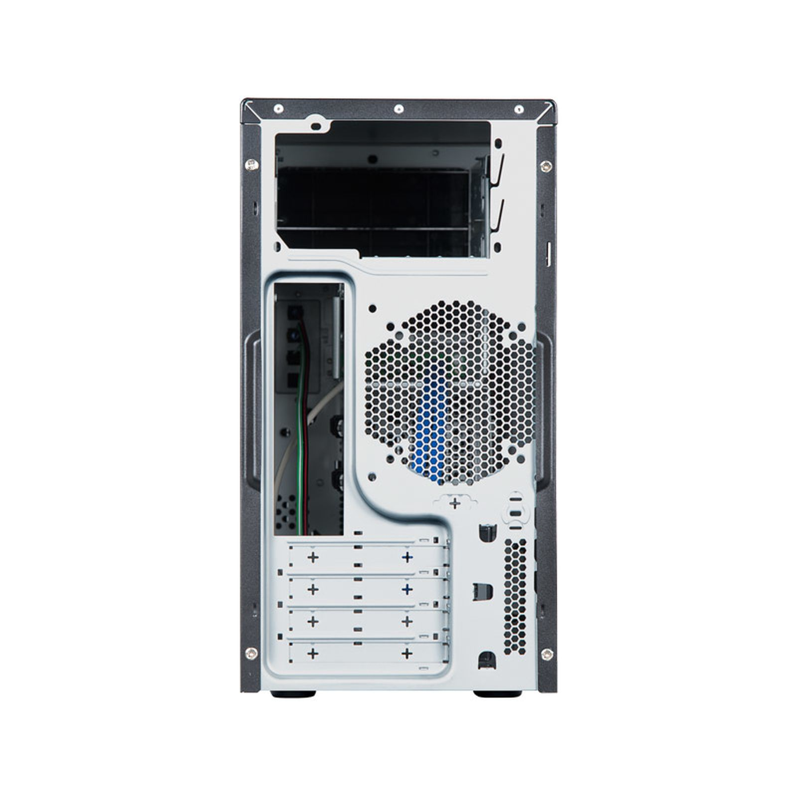 Vista posteriore di un case per computer con ventola e slot di espansione.