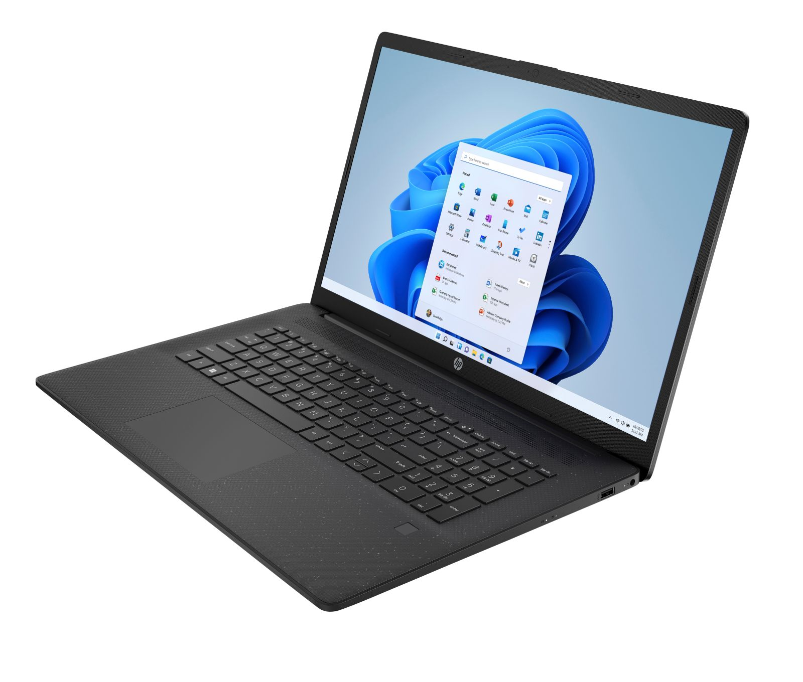 Ein schwarzer HP Laptop mit Windows 11, der auf einem weißen Hintergrund steht.