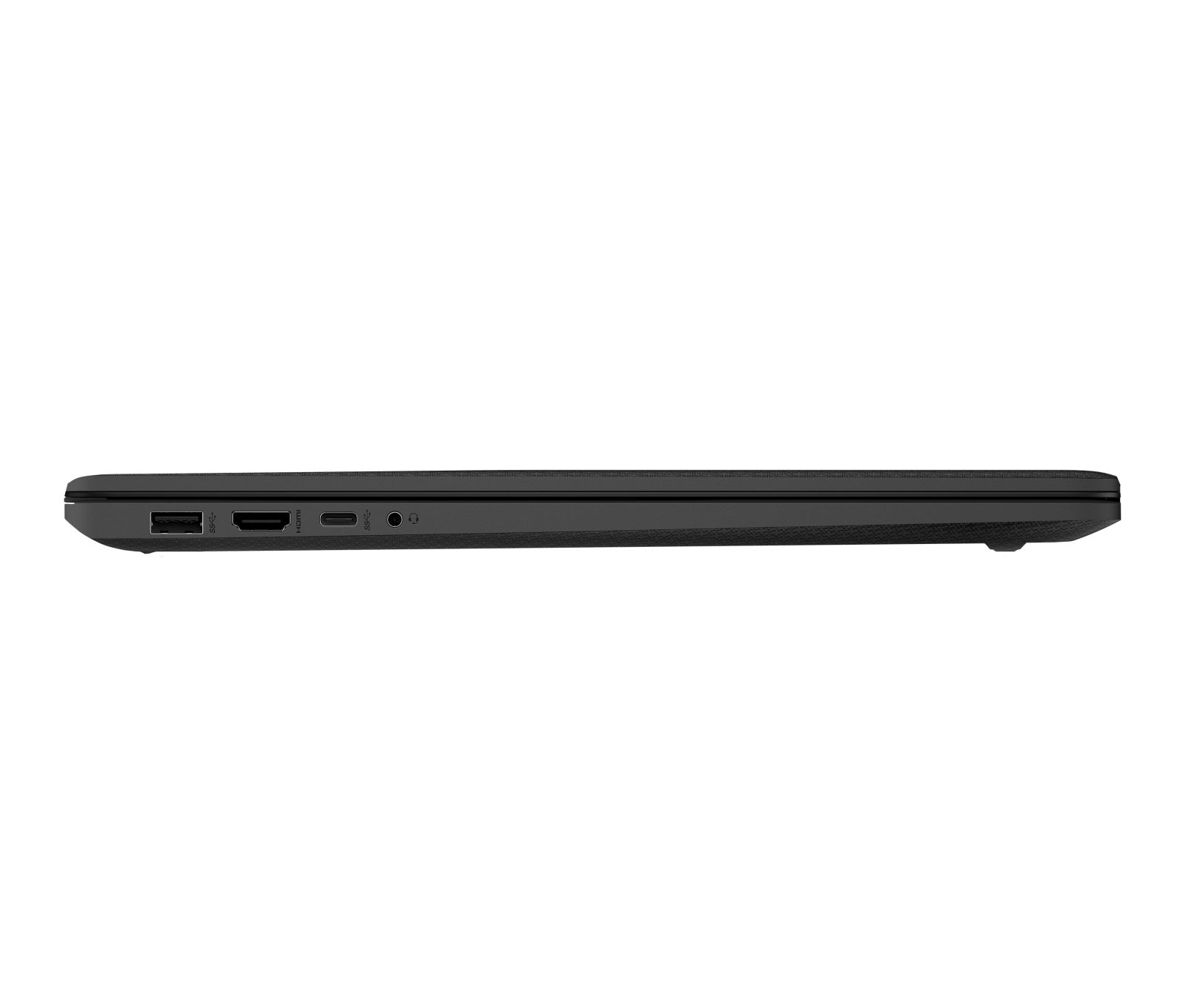 Seite eines schwarzen Laptops mit Anschlüssen: USB, HDMI, USB-C, Kopfhöreranschluss.