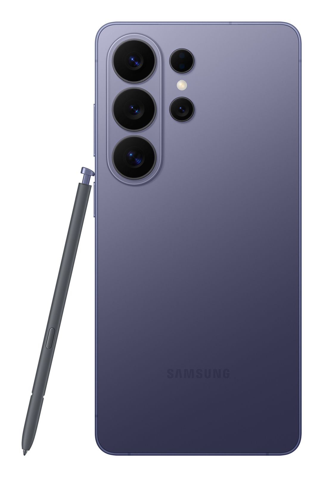 Fioletowy smartfon z rysikiem S Pen i obiektywami aparatu na białym tle.