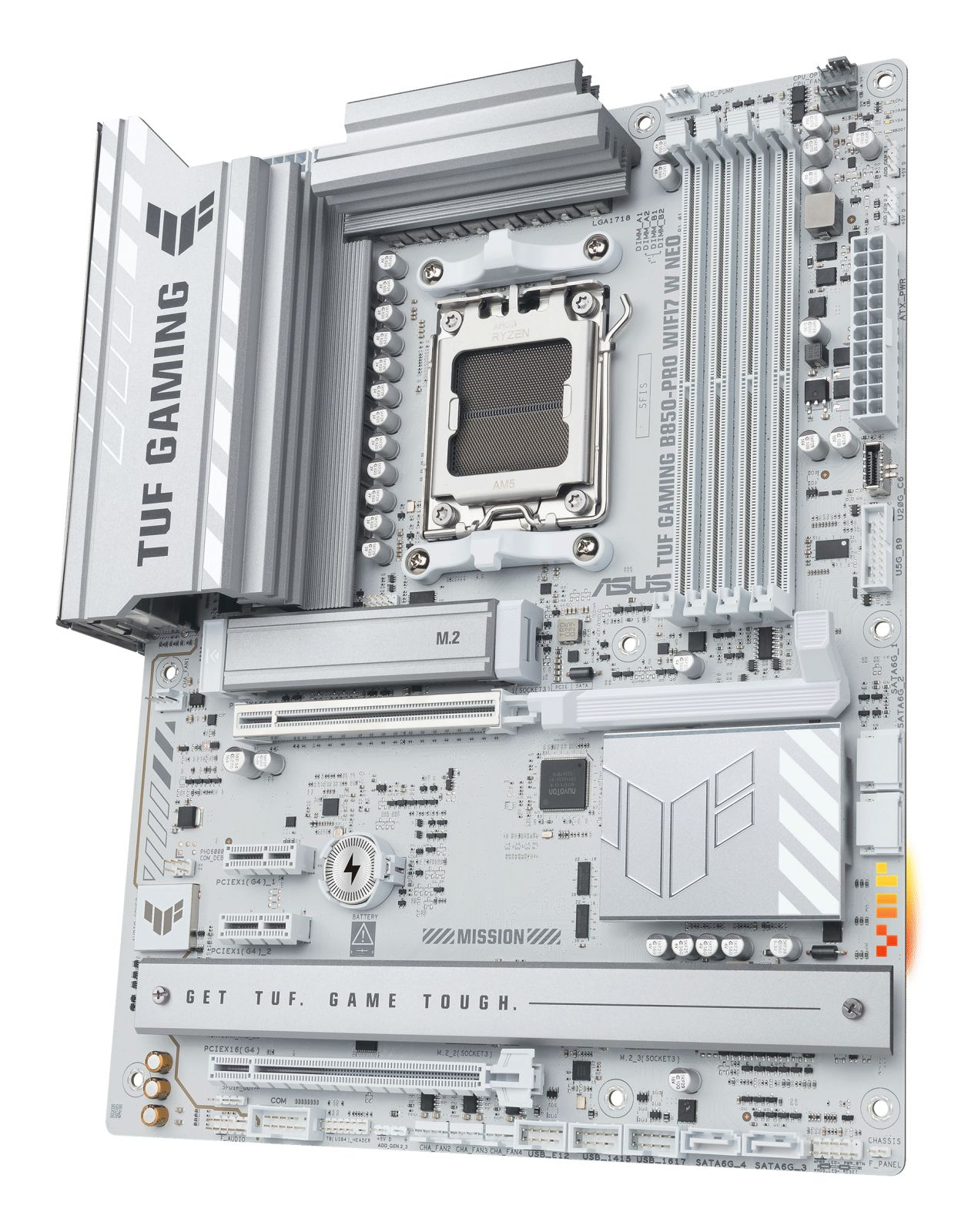 Biała płyta główna ASUS TUF Gaming B850-PRO WIFI ze srebrnymi radiatorami.