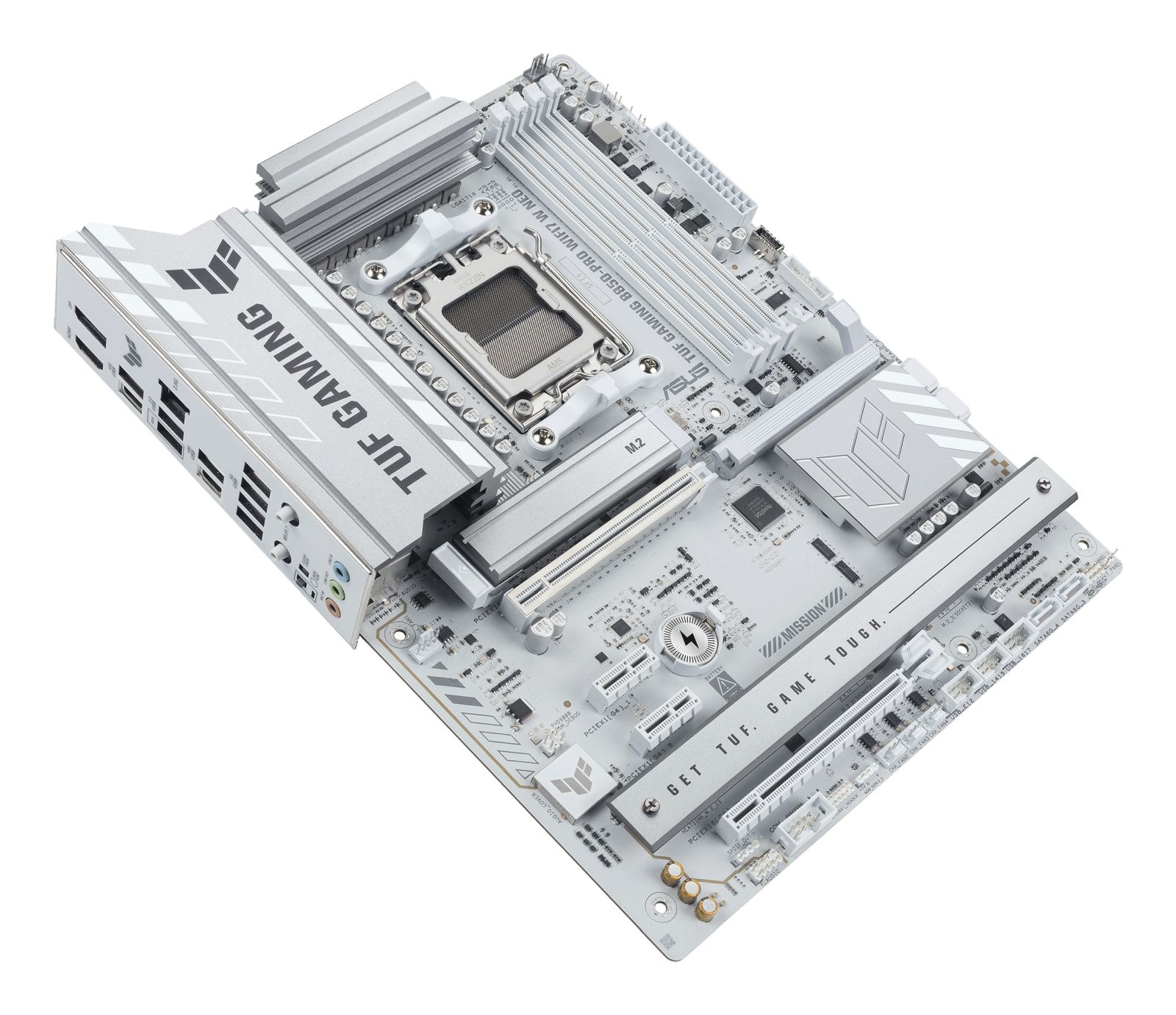 Biała płyta główna ASUS TUF Gaming z srebrnymi radiatorami i złączami.