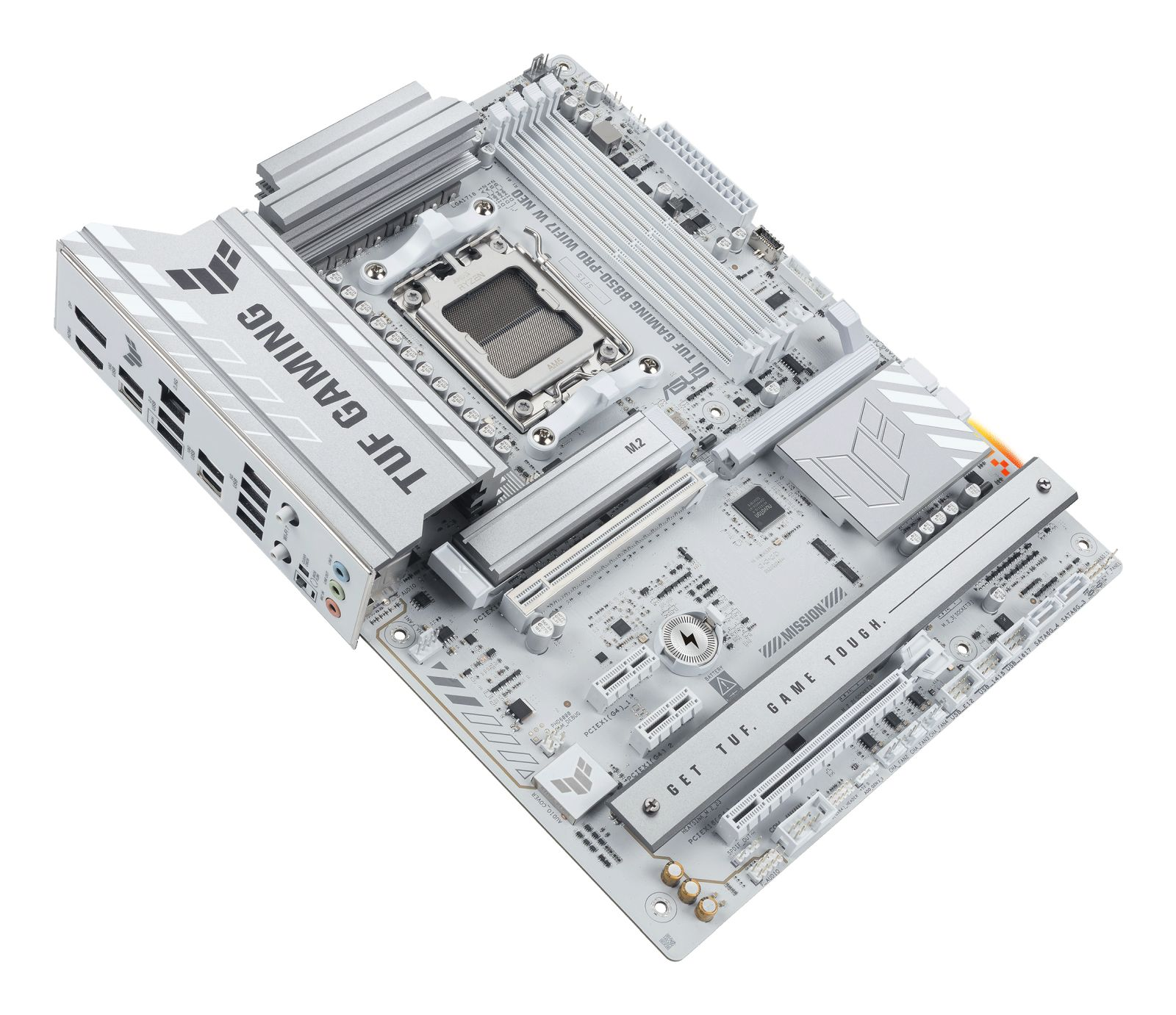 Biała płyta główna ASUS TUF Gaming z radiatorami i złączami.