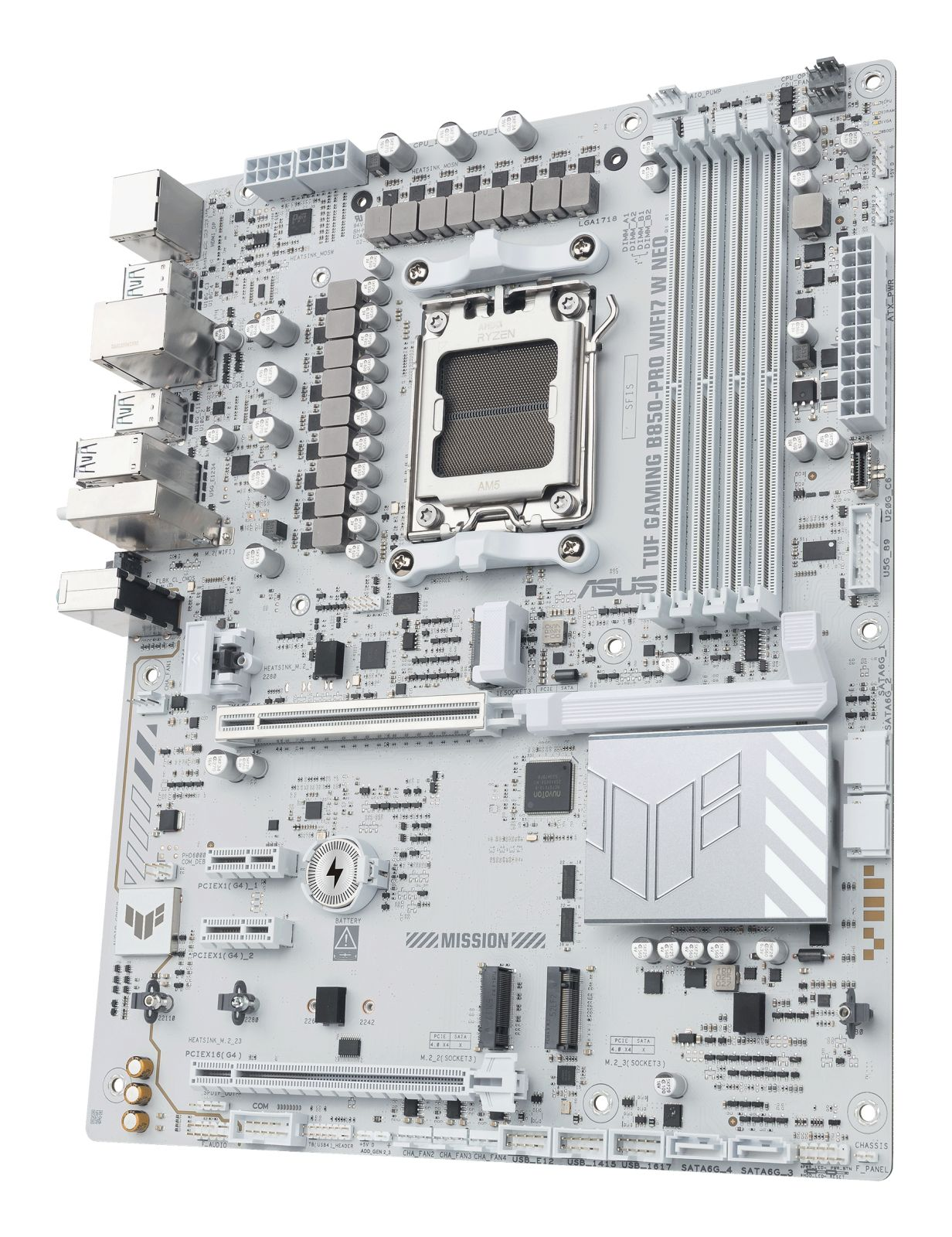 Biała płyta główna ASUS TUF GAMING B650 ze srebrnymi komponentami i złączami.