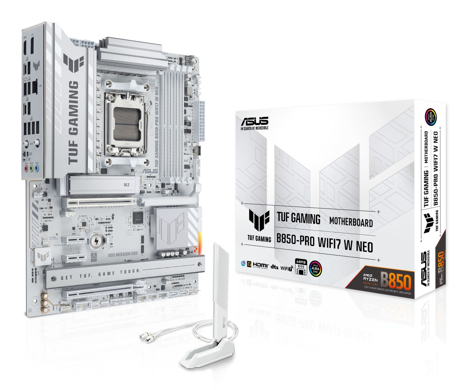 Biała płyta główna Asus TUF Gaming i pudełko z anteną Wi-Fi.