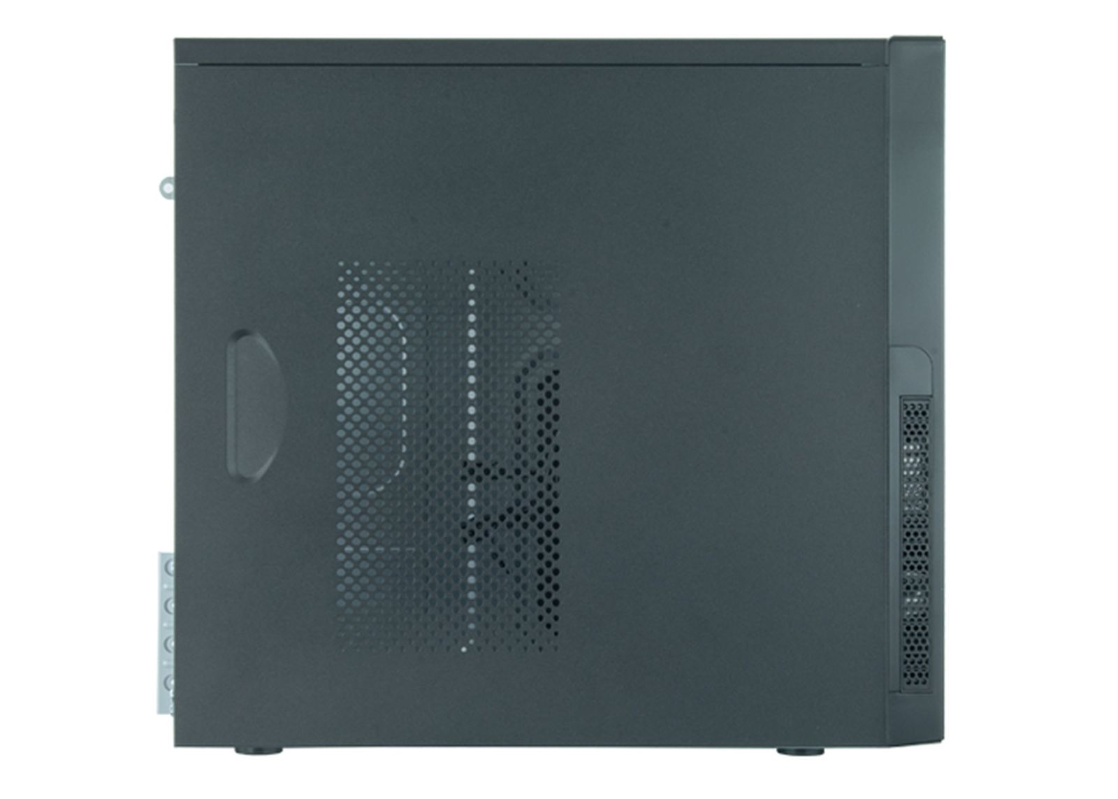 Side view of a dark gray computer tower with ventilation grilles.