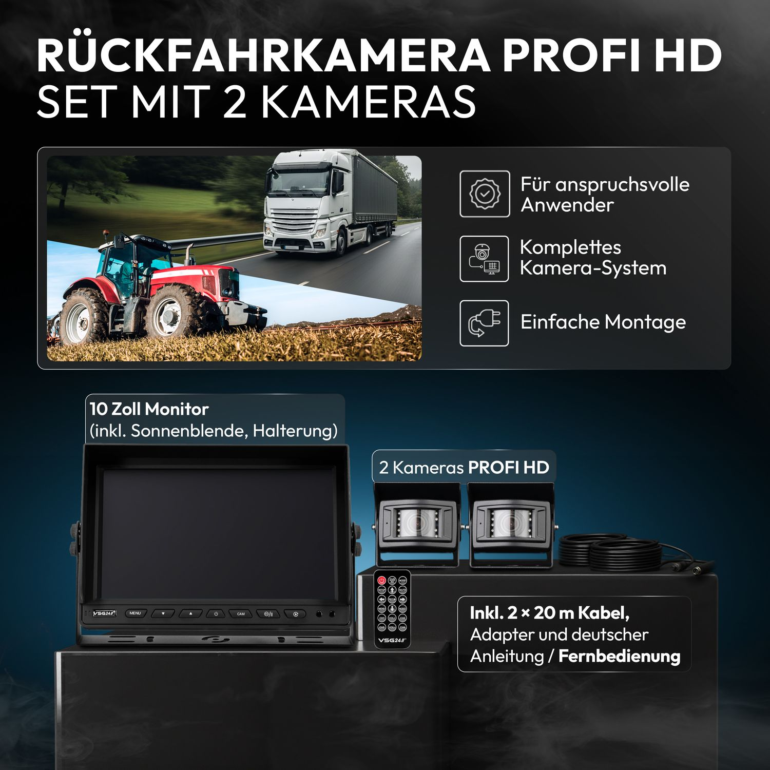 Rückfahrkamera-Set mit 10-Zoll-Monitor, 2 Kameras, Kabel und Fernbedienung.