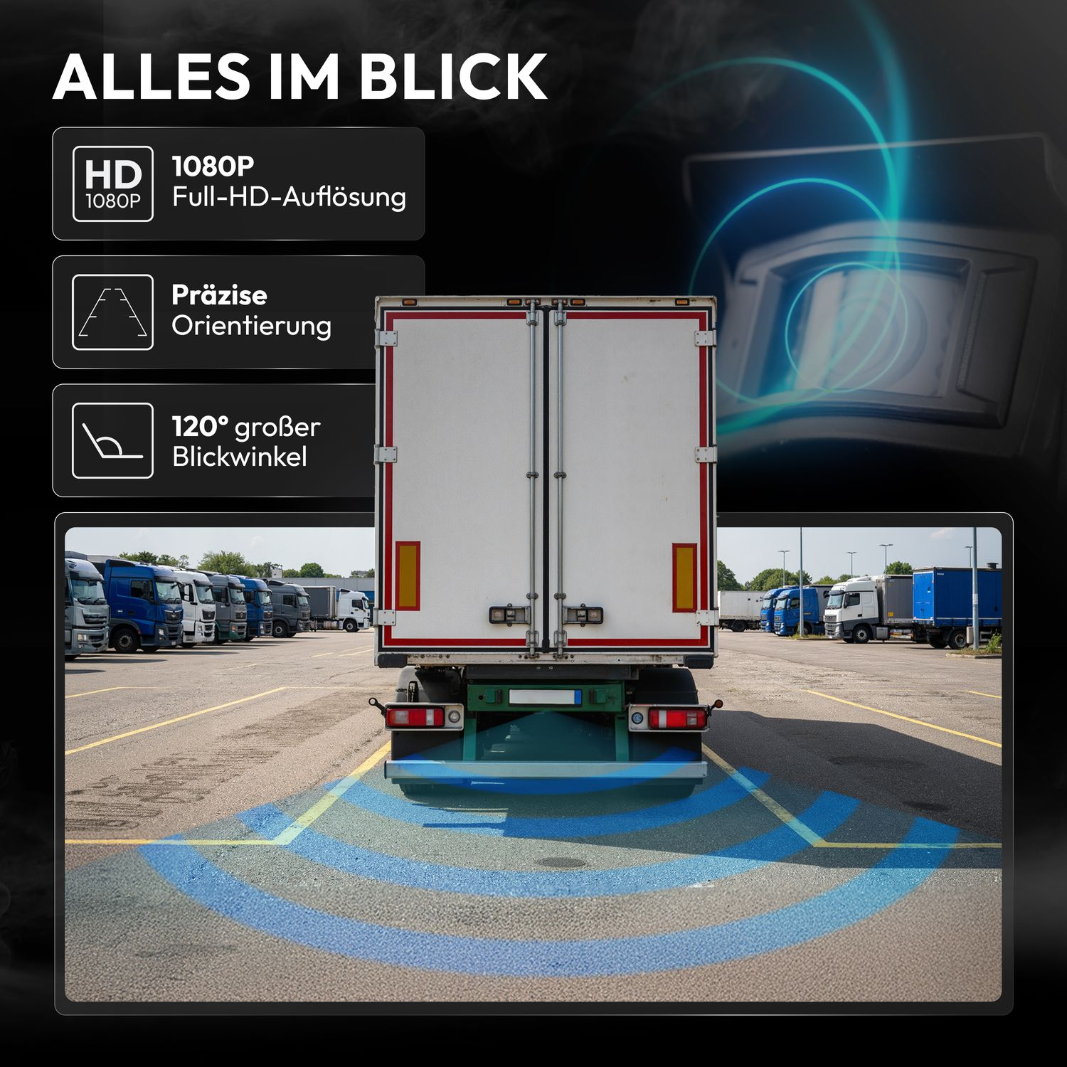 Rückansicht eines Anhängers mit Parksensoren, LKW im Hintergrund.