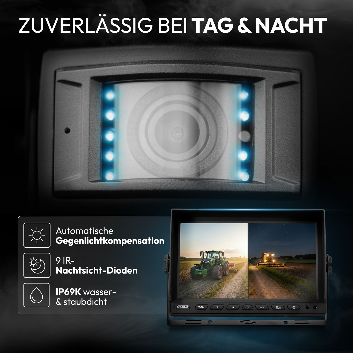 Kamera mit Tag- und Nachtsicht, automatischer Gegenlichtkompensation und IP69K Schutz.