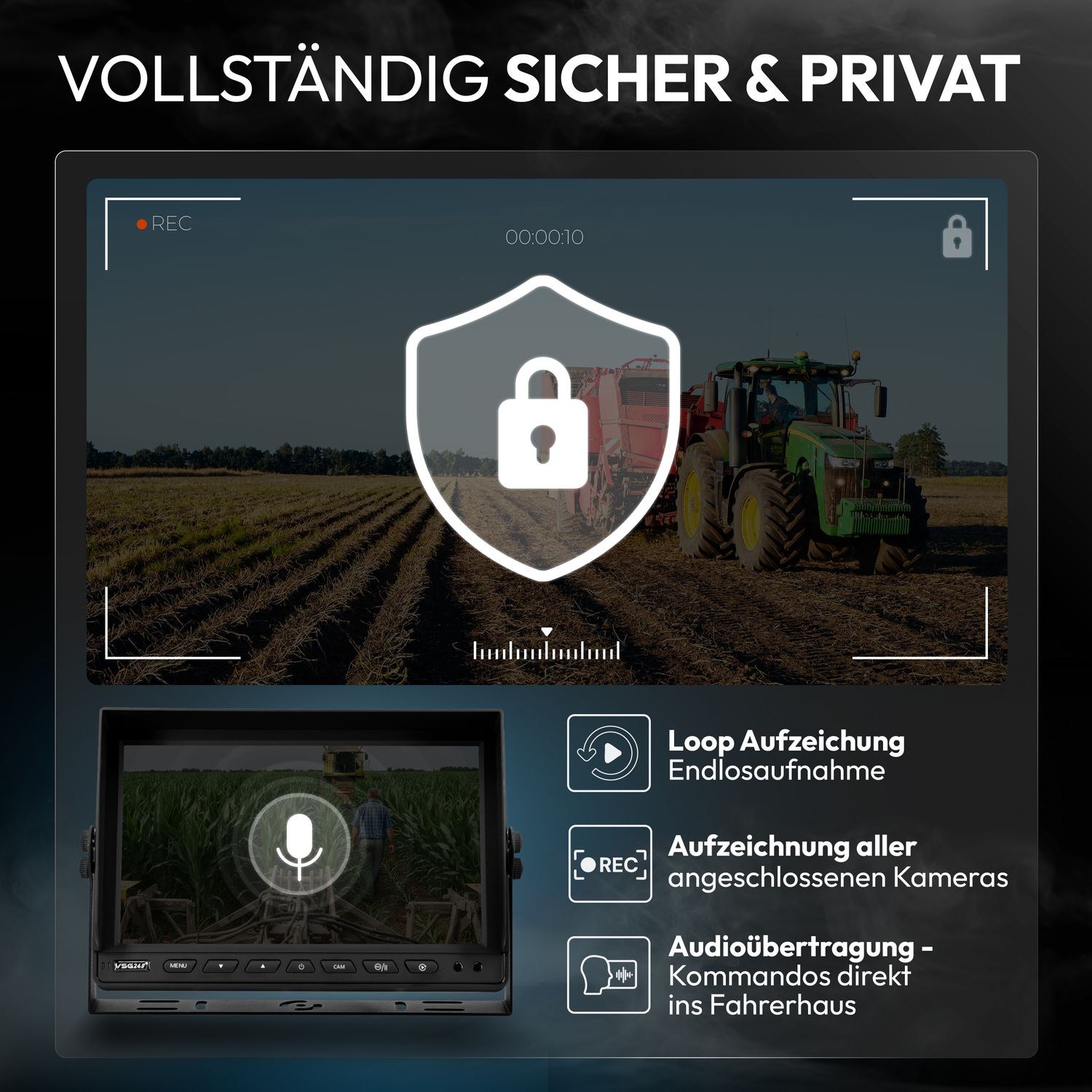 Überwachungsbildschirm zeigt Traktor in Feld, mit Schild und Schloss-Symbol.