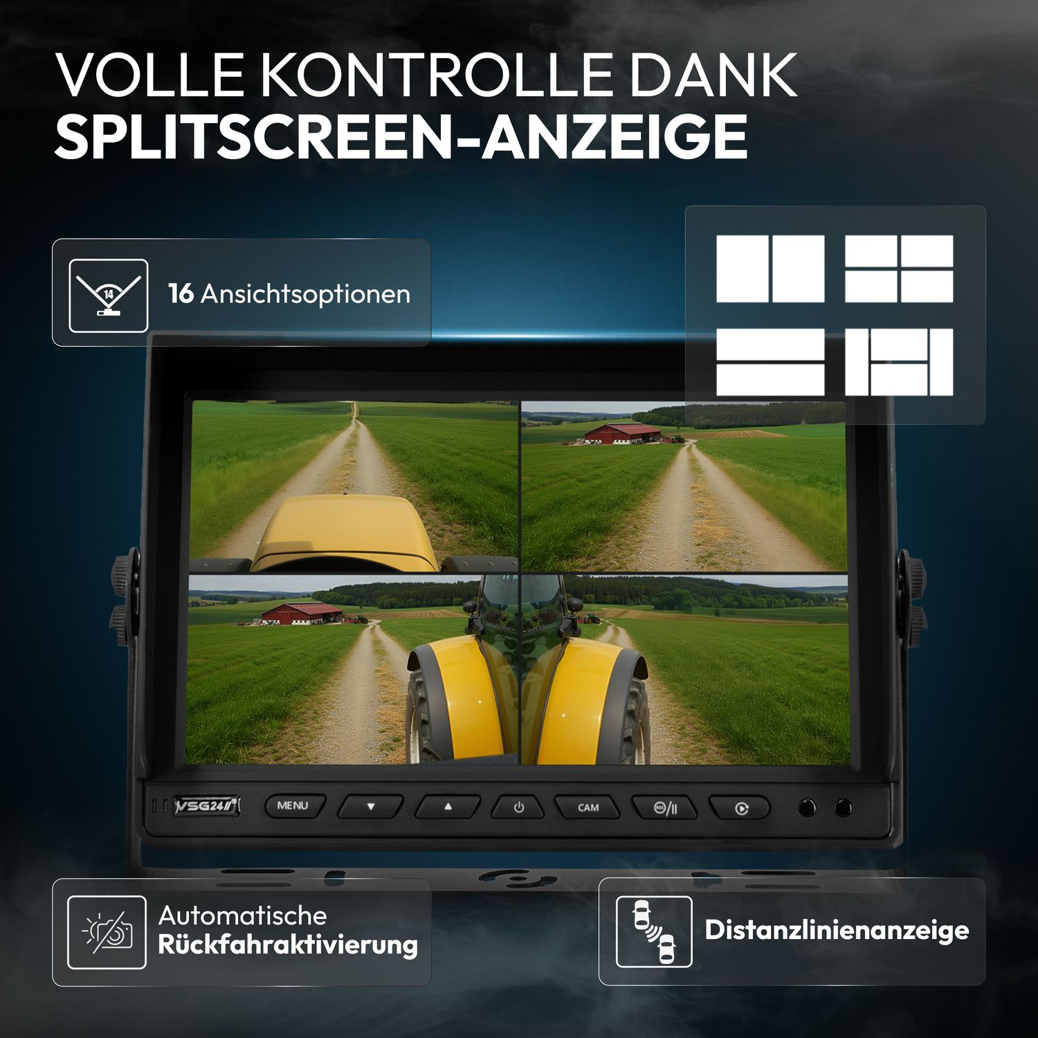 Monitor zeigt Traktoransicht in 4 Teilen, mit Optionen für 16 Ansichten.