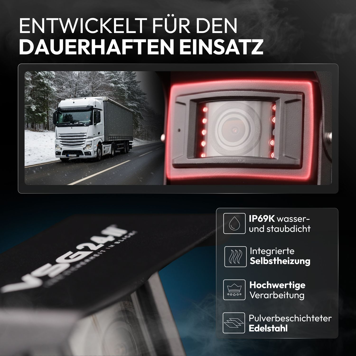 LKW bei Schnee, Kamera mit roten LEDs, Produktmerkmale: IP69K, Heizung, Edelstahl.