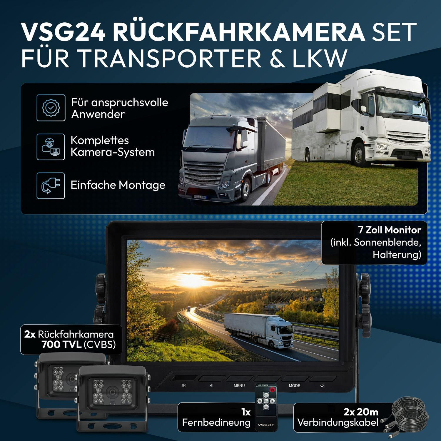 Rückfahrkamera-Set für LKW: 2 Kameras, 7 Zoll Monitor, Fernbedienung, Kabel.