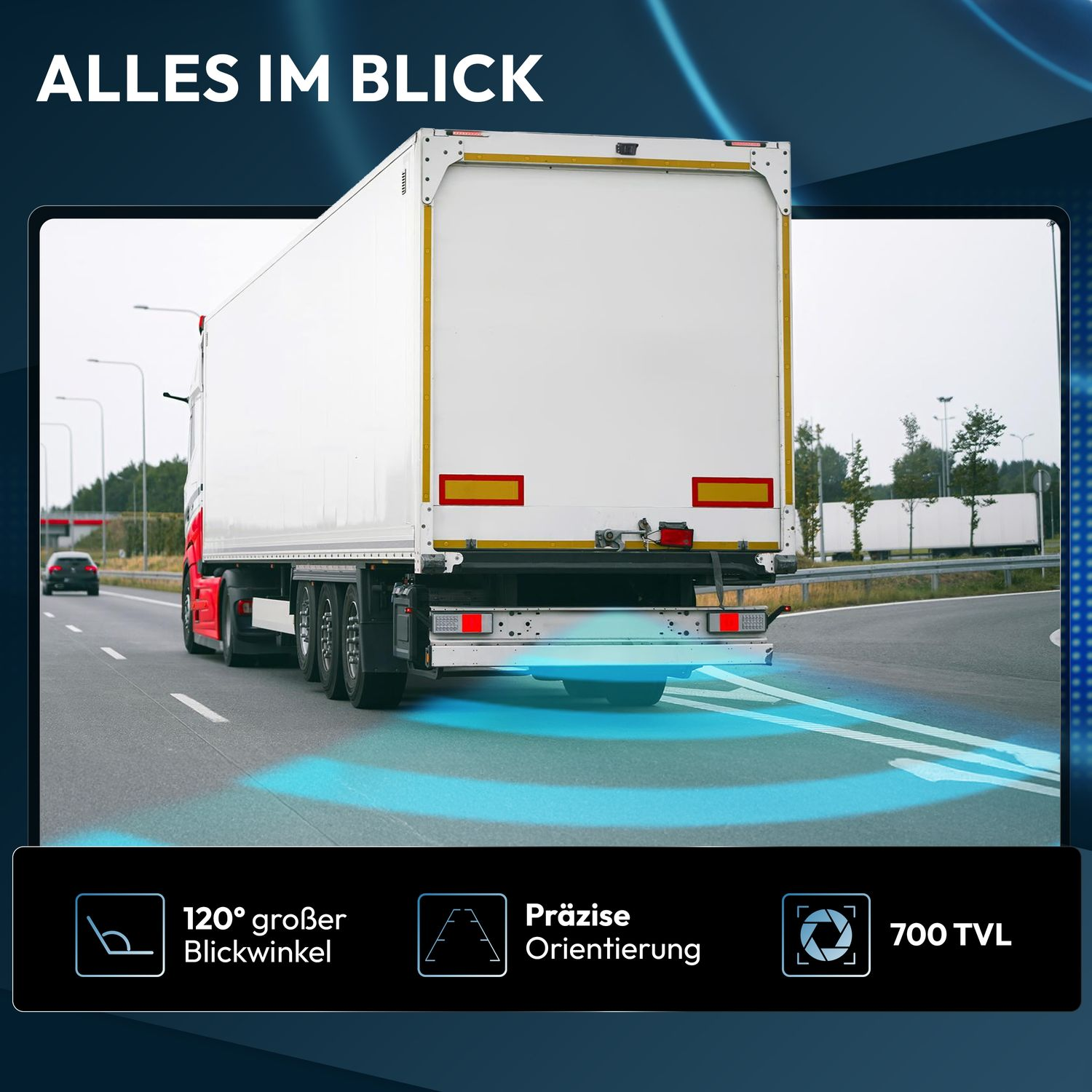 LKW mit 120 Grad Blickwinkel und präziser Orientierung auf der Straße.