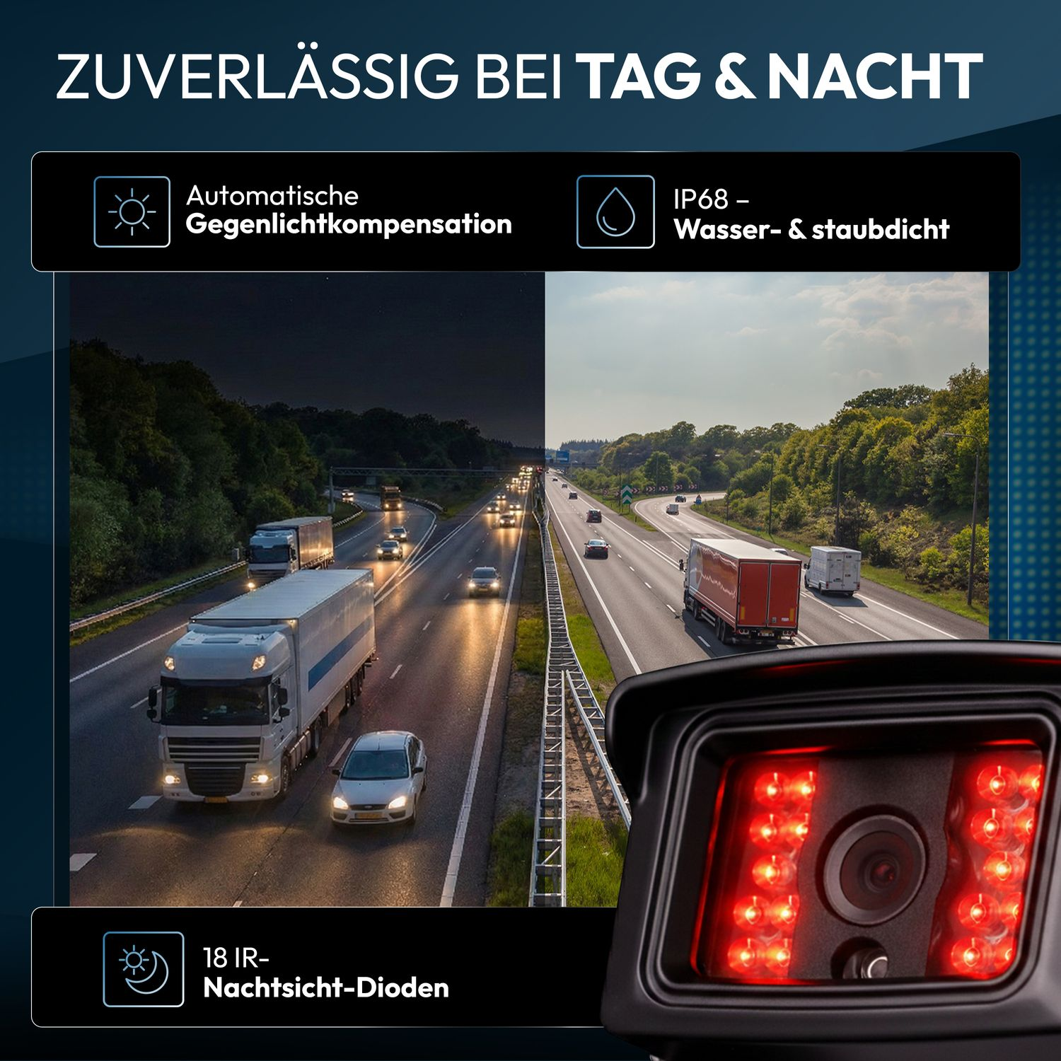 Überwachungskamera bei Tag und Nacht mit IR-Dioden und Wasserdichtigkeit.
