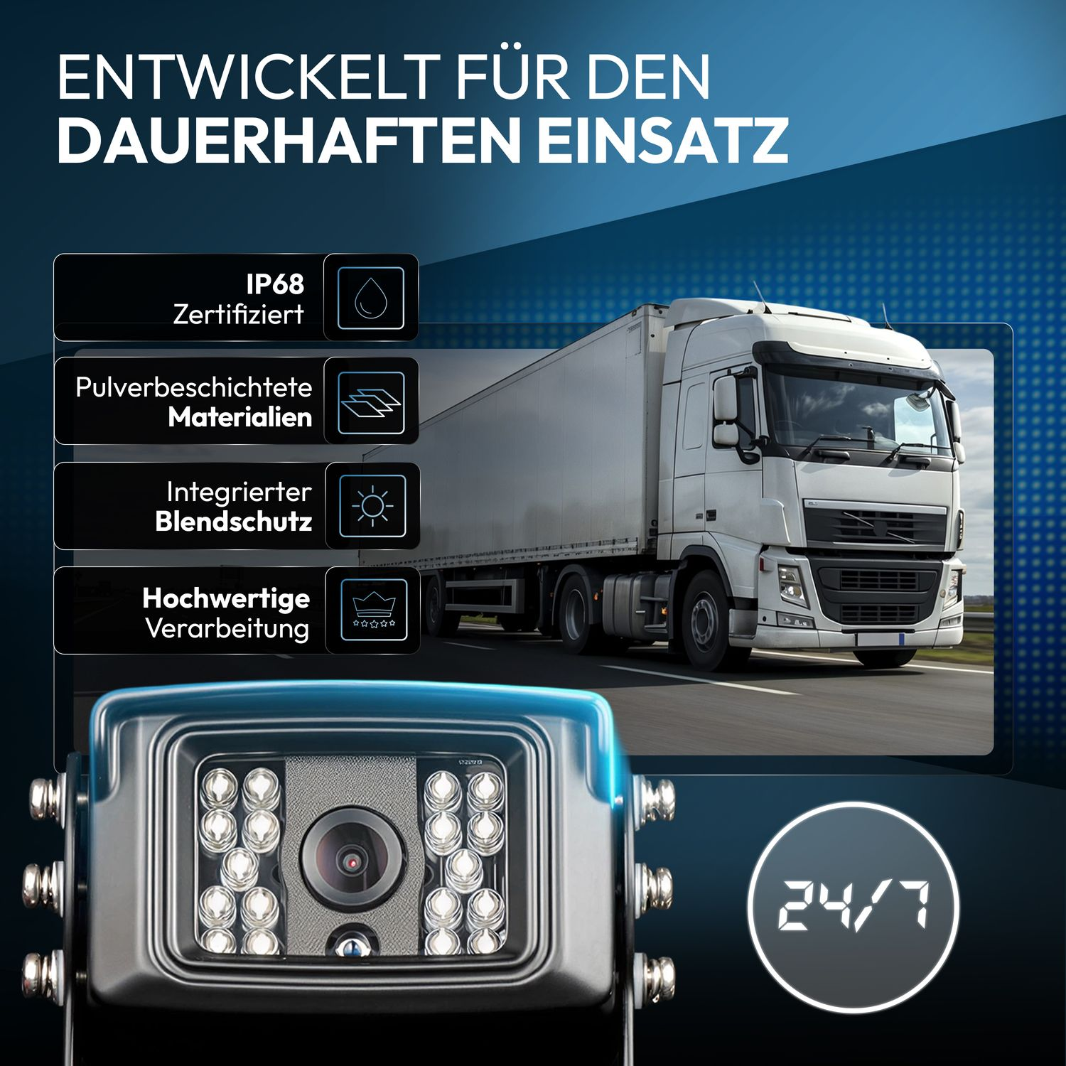 LKW-Kamera mit 24/7-Anzeige, IP68, pulverbeschichtet, integriertem Blendschutz.