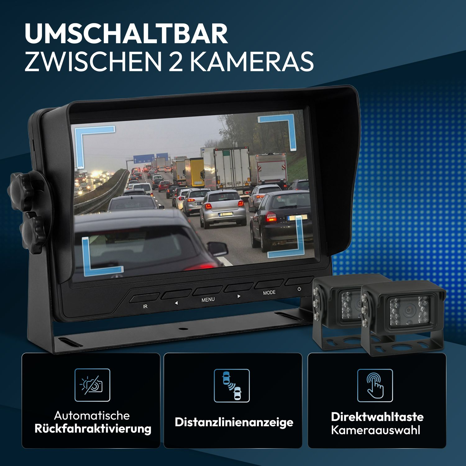 Monitor zeigt Autobahn mit Verkehr, 2 Kameras daneben.