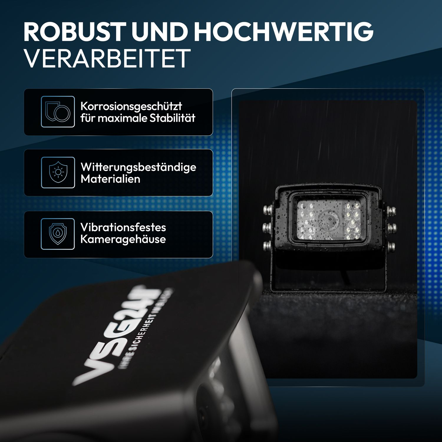 Eine schwarze Kamera mit Regentropfen, die auf dem Gehäuse liegen.