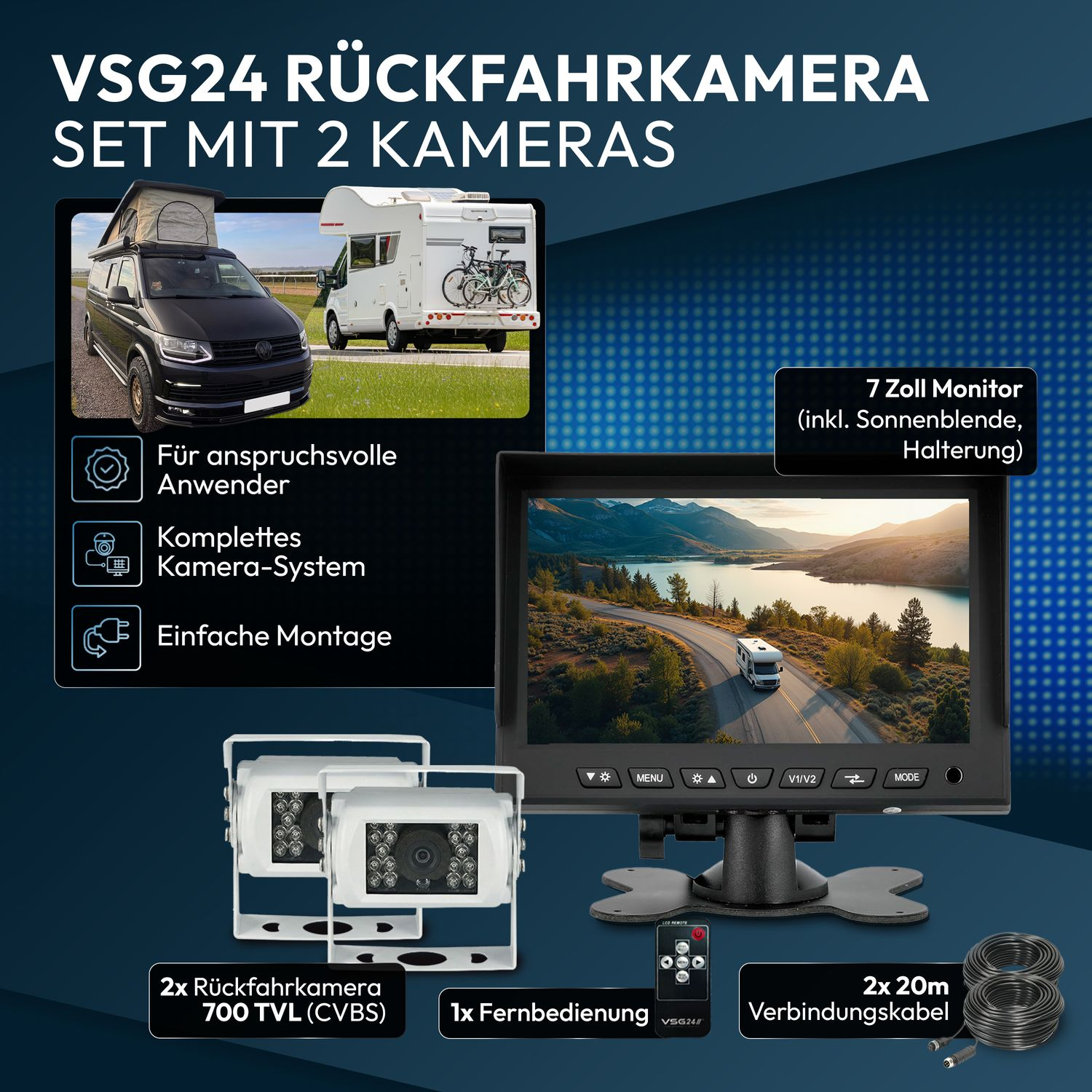 Rückfahrkamera-Set mit 7-Zoll-Monitor, 2 Kameras, Kabeln und Fernbedienung.