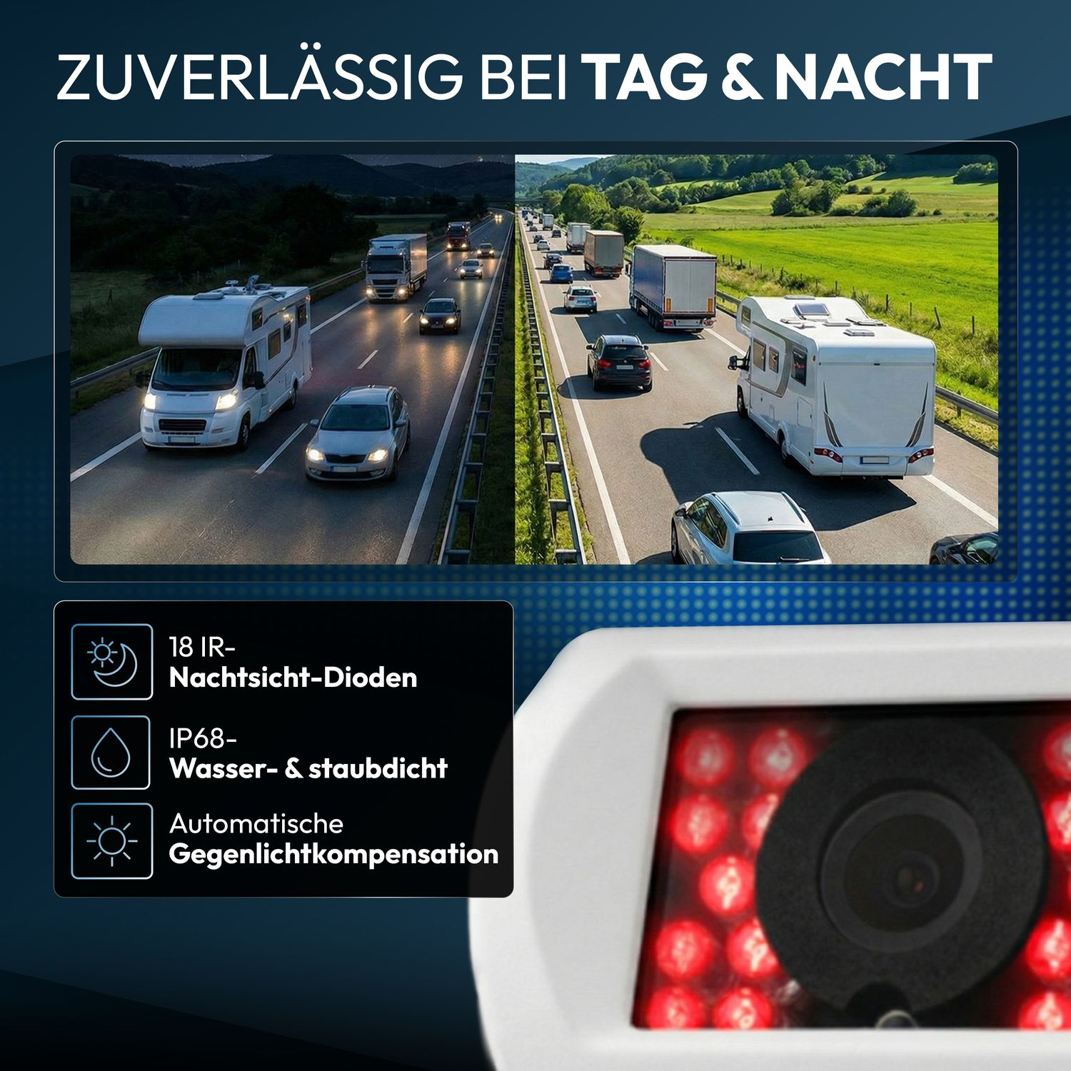 Autos auf Autobahn bei Tag und Nacht, Nahaufnahme einer Kamera.