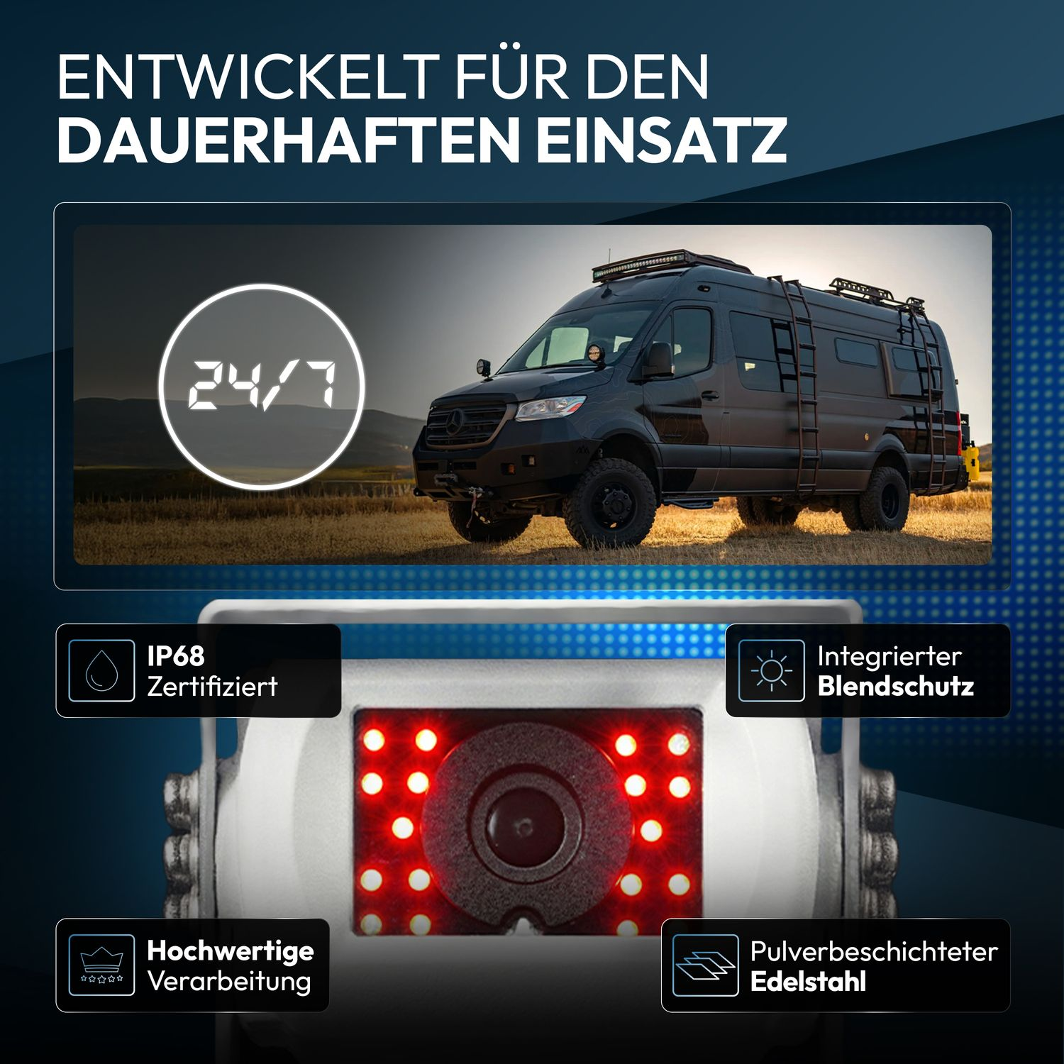 Schwarzer Van mit 24/7-Symbol und Kameradetails: IP68, hohe Qualität, Blendschutz, Edelstahl.