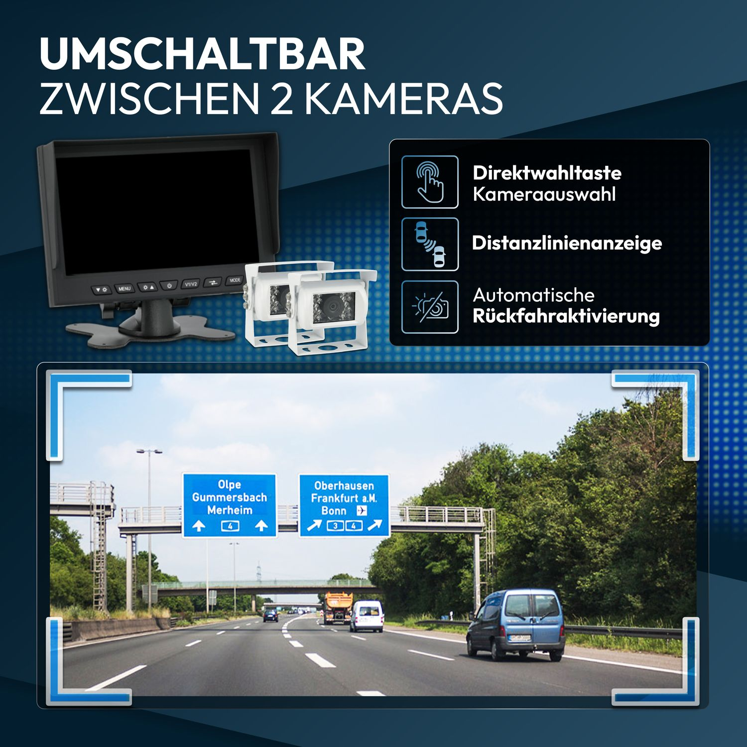 Monitor und zwei Kameras für Auto. Autobahn mit Schildern und Fahrzeugen.