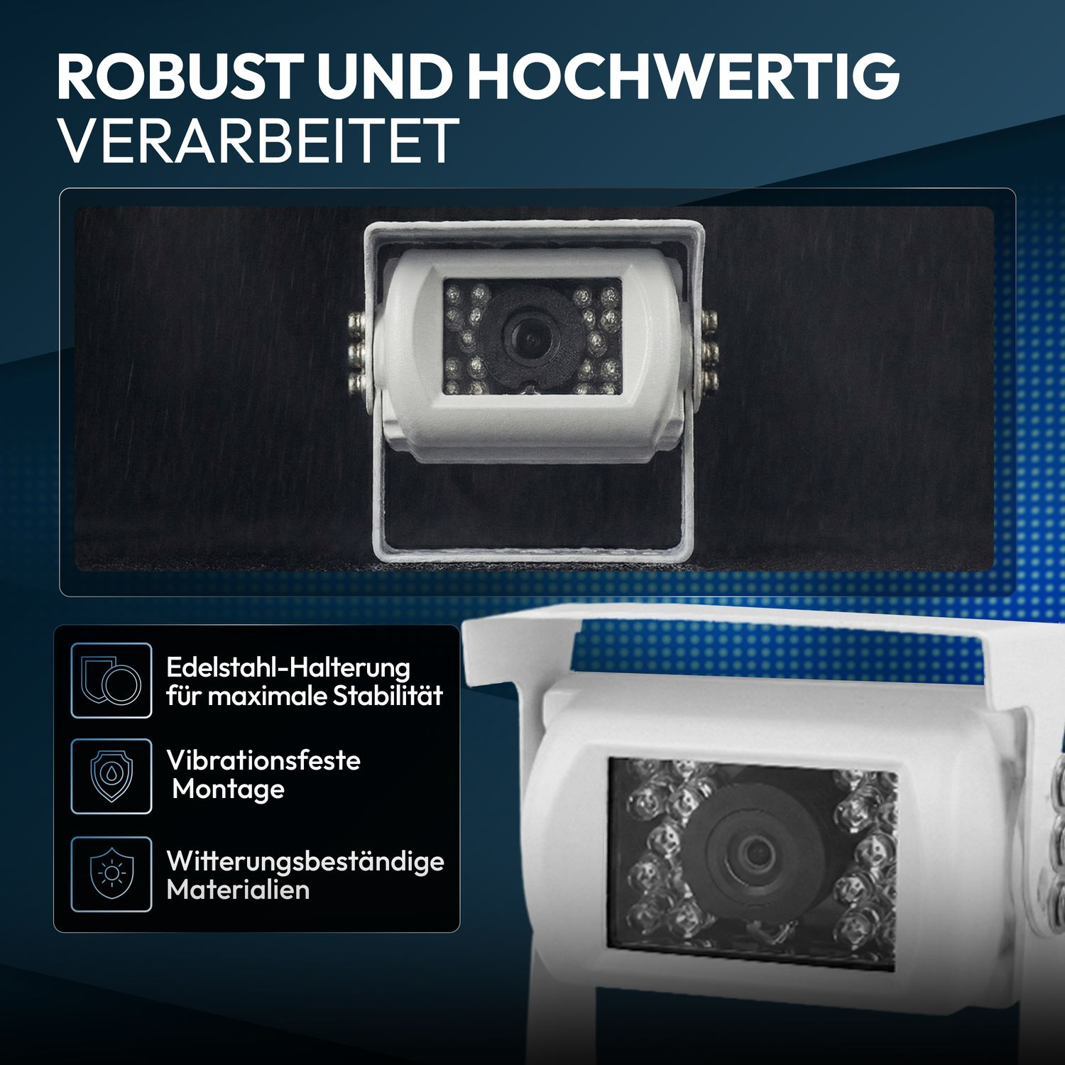 Eine weiße Überwachungskamera mit Infrarot-LEDs und Befestigung.